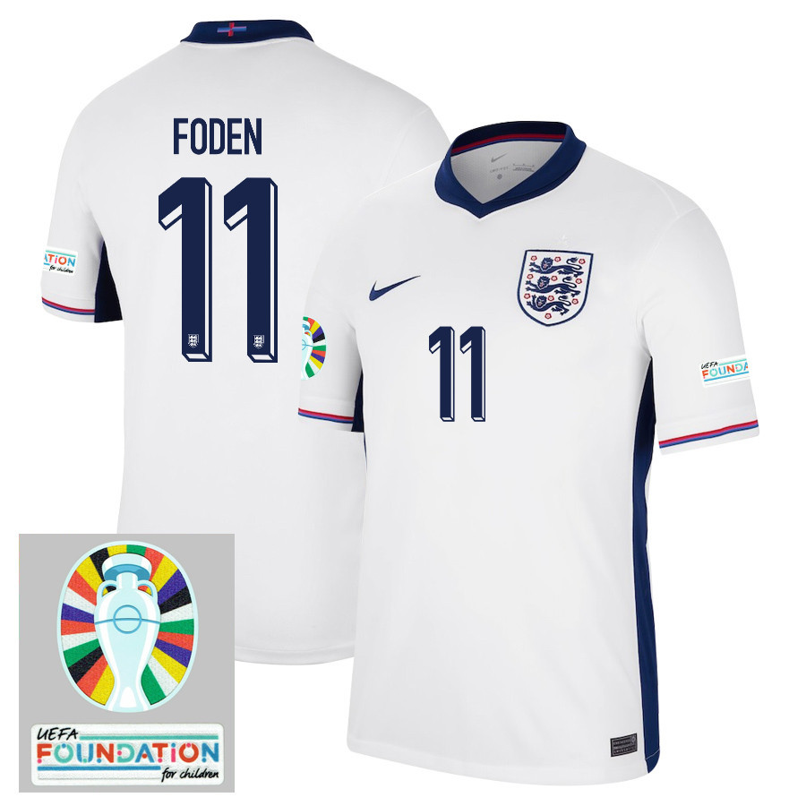 Phil Foden 11 England National Team 2024/25 Home Jersey – Euro UEFA Patch – Men, White