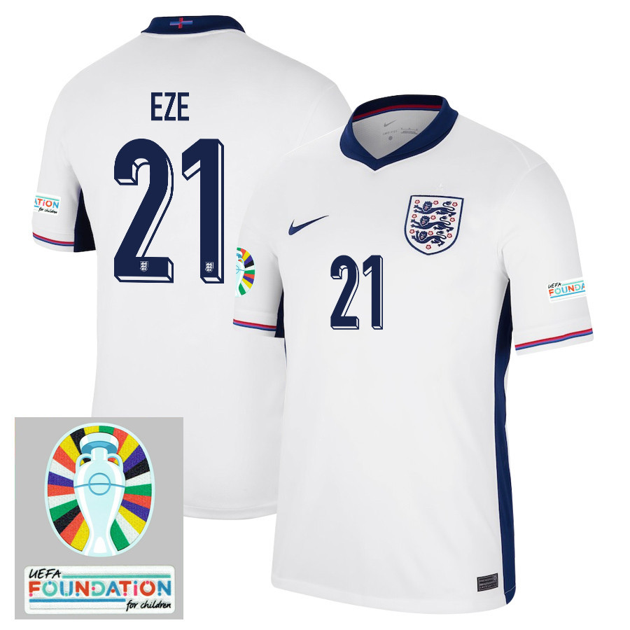 Eberechi Eze 21 England National Team 2024/25 Home Jersey – Euro UEFA Patch – Men, White