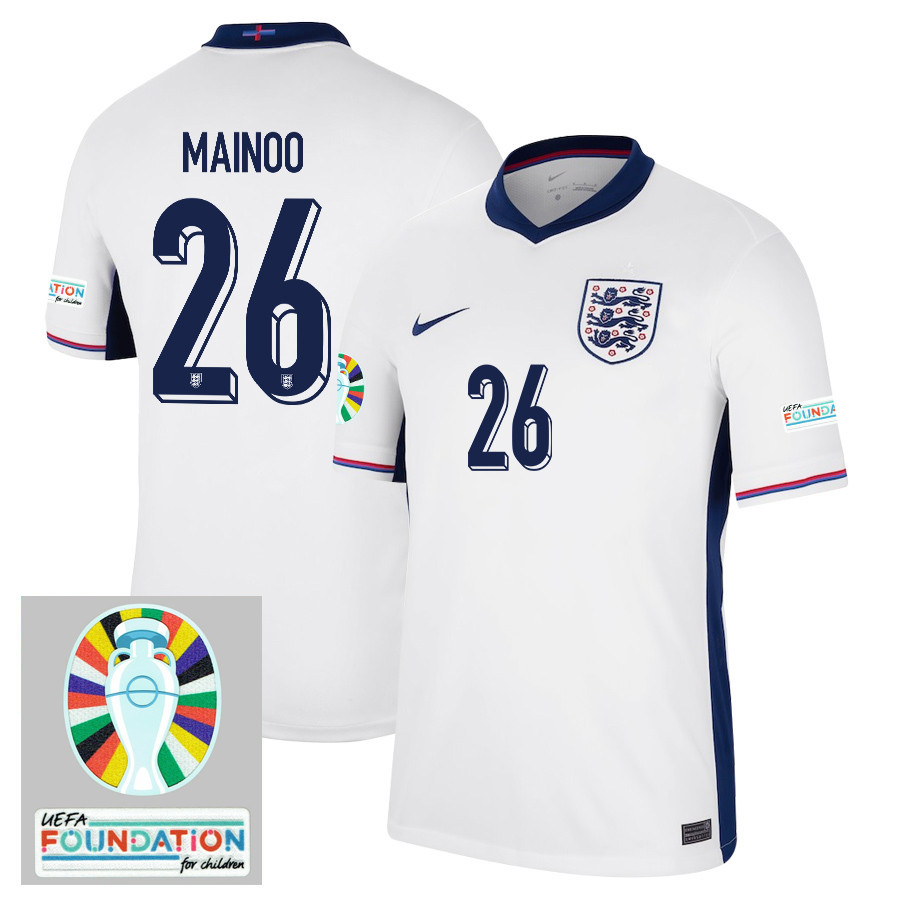 Kobbie Mainoo 26 England National Team 2024/25 Home Jersey – Euro UEFA Patch – Men, White