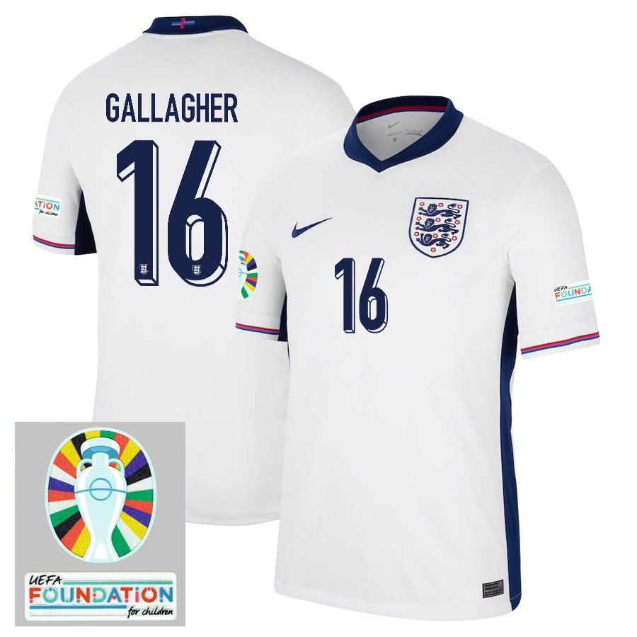 Conor Gallagher 16 England National Team 2024/25 Home Jersey – Euro UEFA Patch – Men, White
