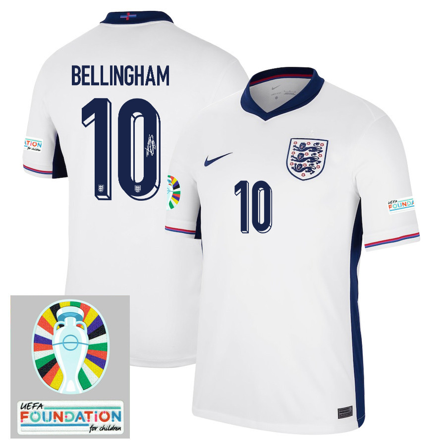 Jude Bellingham 10 Signed England National Team 2024/25 Home Jersey – Euro UEFA Patch – Men, White