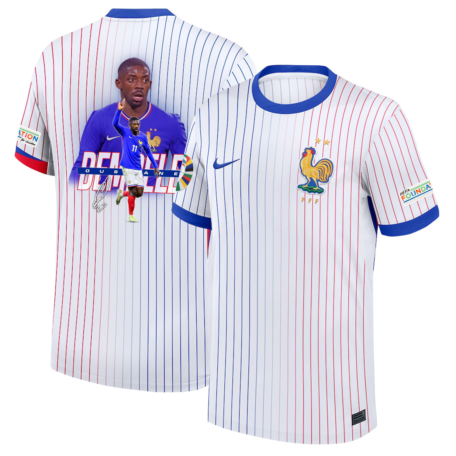Ousmane Dembl 11 Visionary Player France National Team 2024/25 Away Jersey – Euro UEFA Patch – Men, White