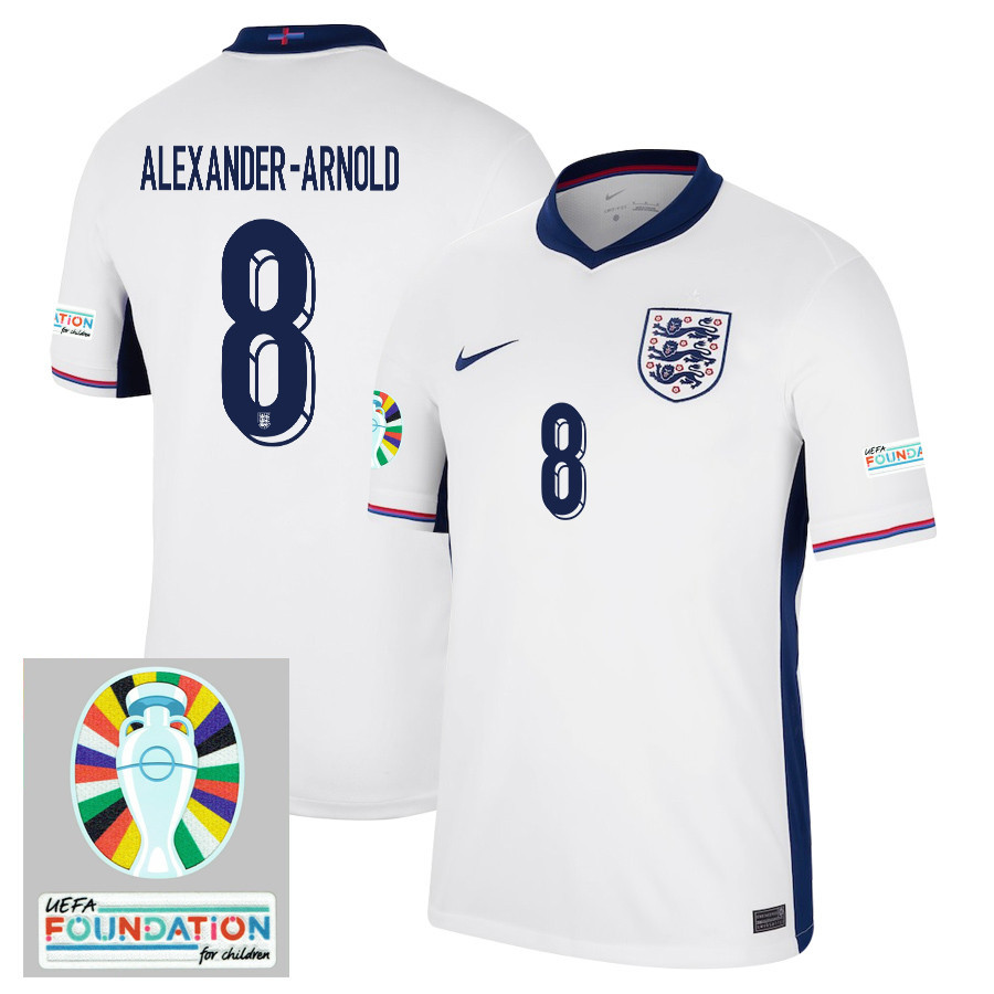 Trent Alexander-Arnold 8 England National Team 2024/25 Home Jersey – Euro UEFA Patch – Men, White