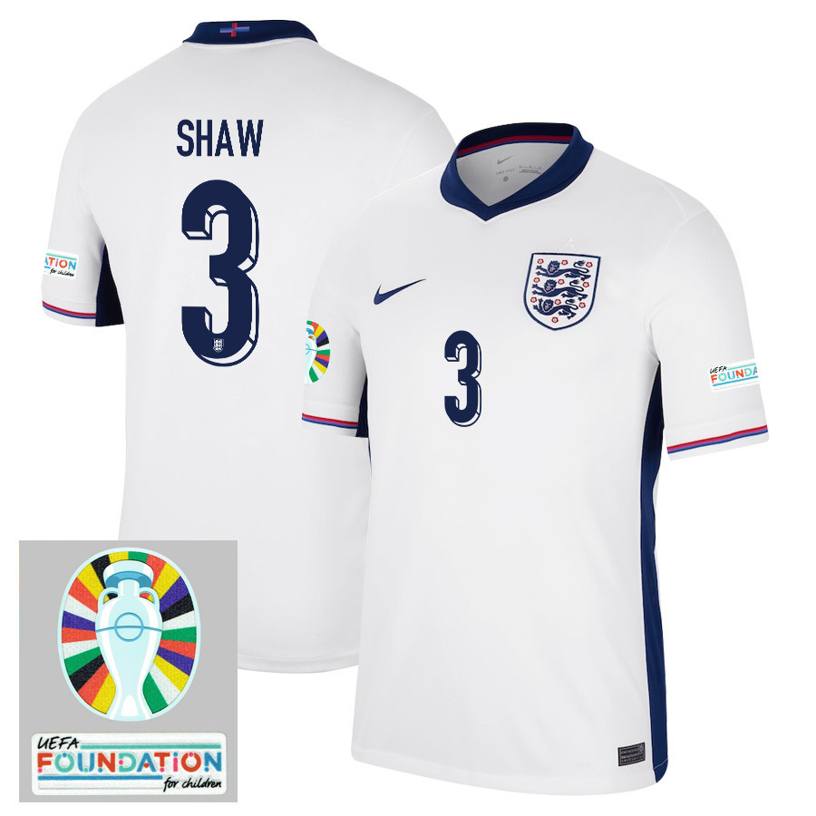 Luke Shaw 3 England National Team 2024/25 Home Jersey – Euro UEFA Patch – Men, White