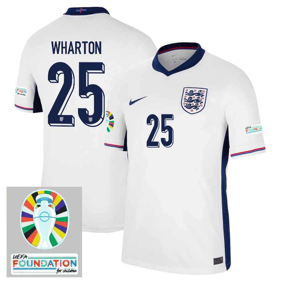 Adam Wharton 25 England National Team 2024/25 Home Jersey – Euro UEFA Patch – Men, White
