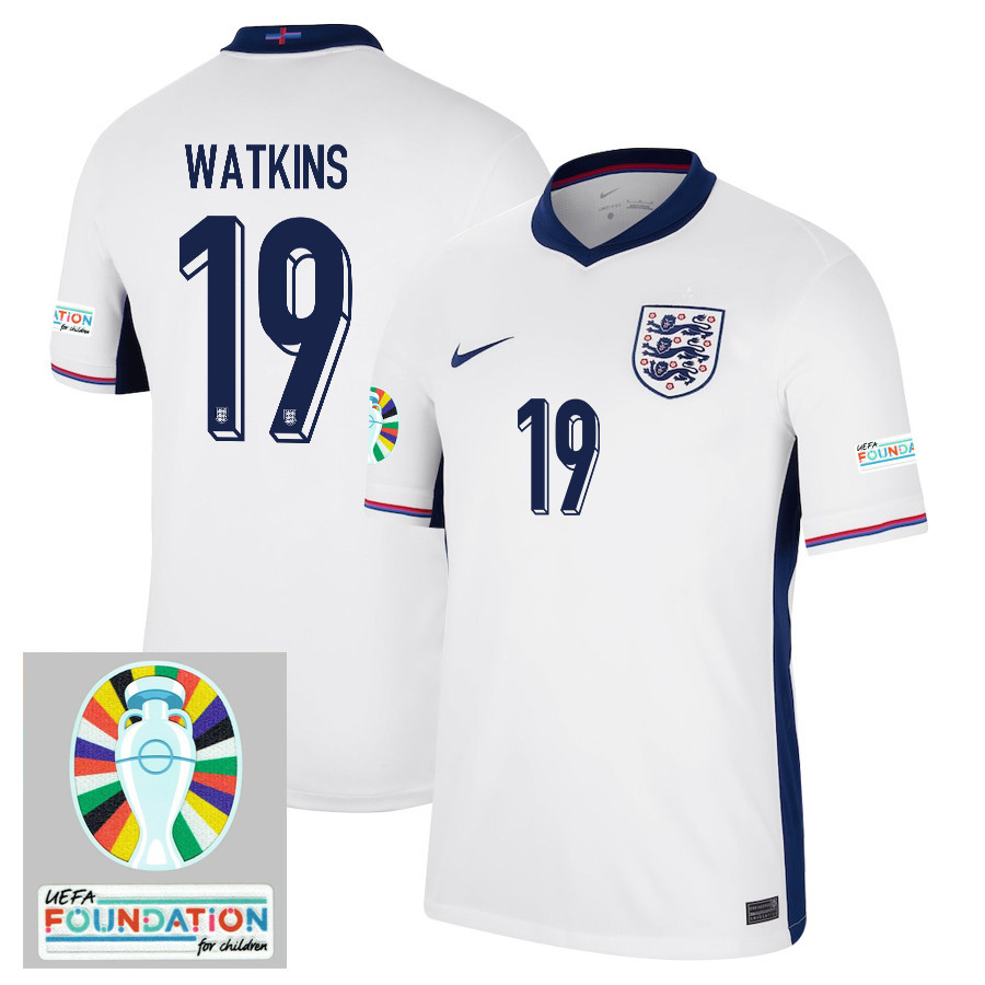 Ollie Watkins 19 England National Team 2024/25 Home Jersey – Euro UEFA Patch – Men, White