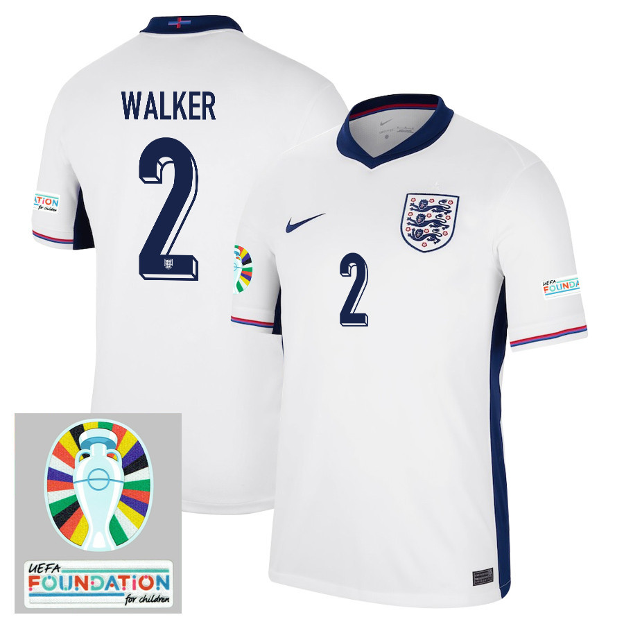 Kyle Walker 2 England National Team 2024/25 Home Jersey – Euro UEFA Patch – Men, White