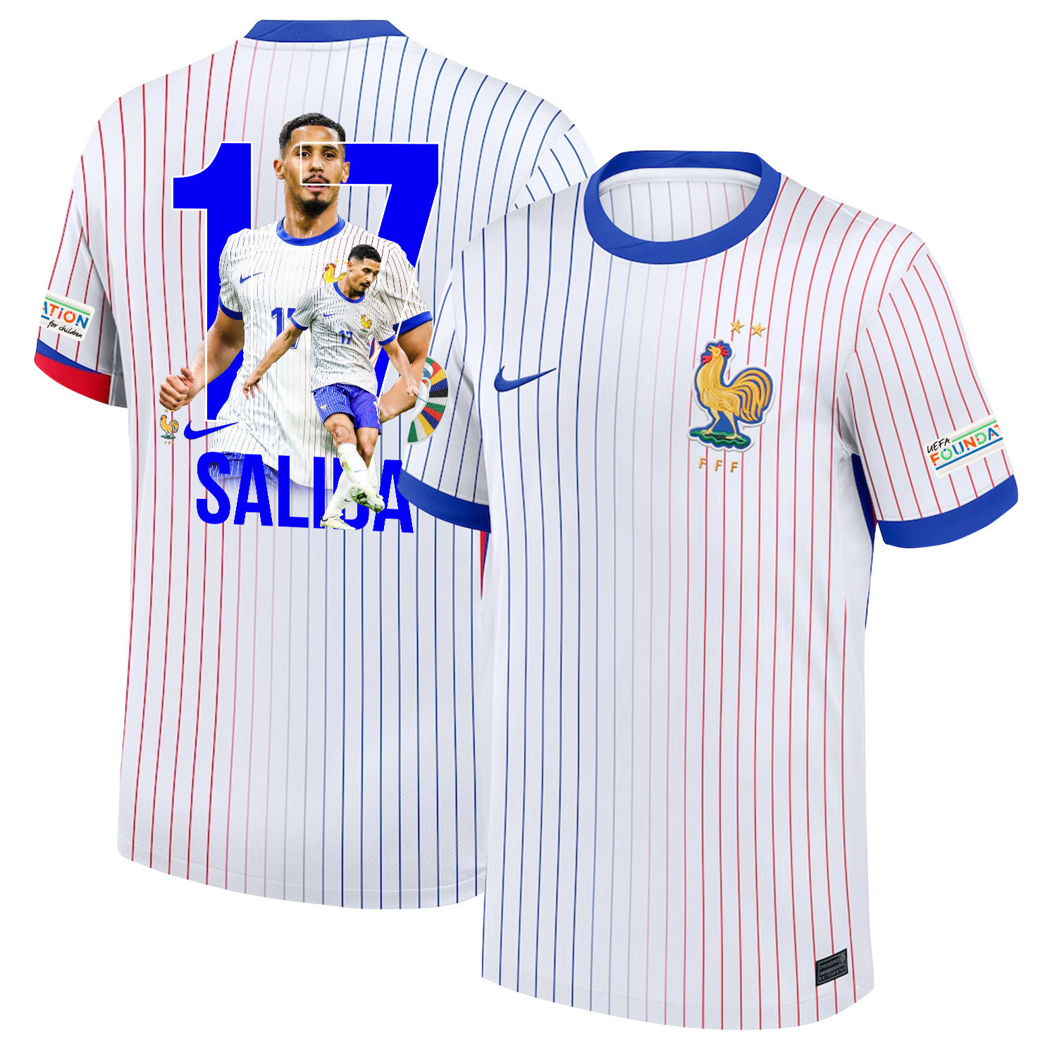 William Saliba 17 Star Player Of France National Team 2024/25 Away Jersey – Euro UEFA Patch – Men, White