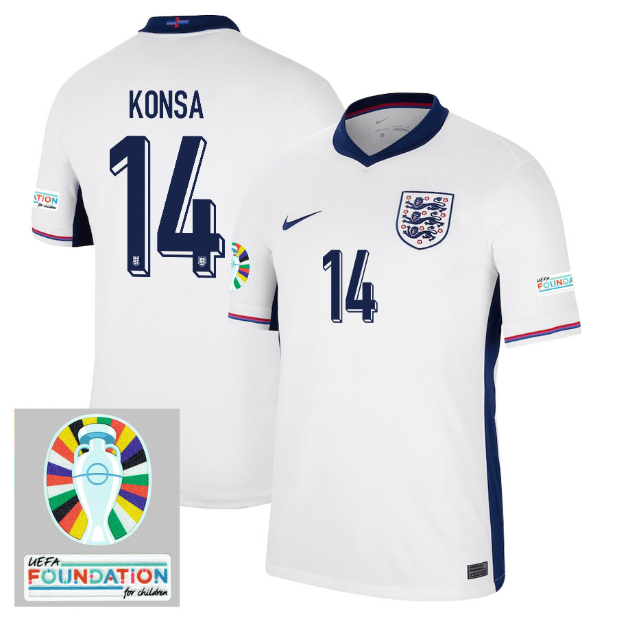 Ezri Konsa 14 England National Team 2024/25 Home Jersey – Euro UEFA Patch – Men, White
