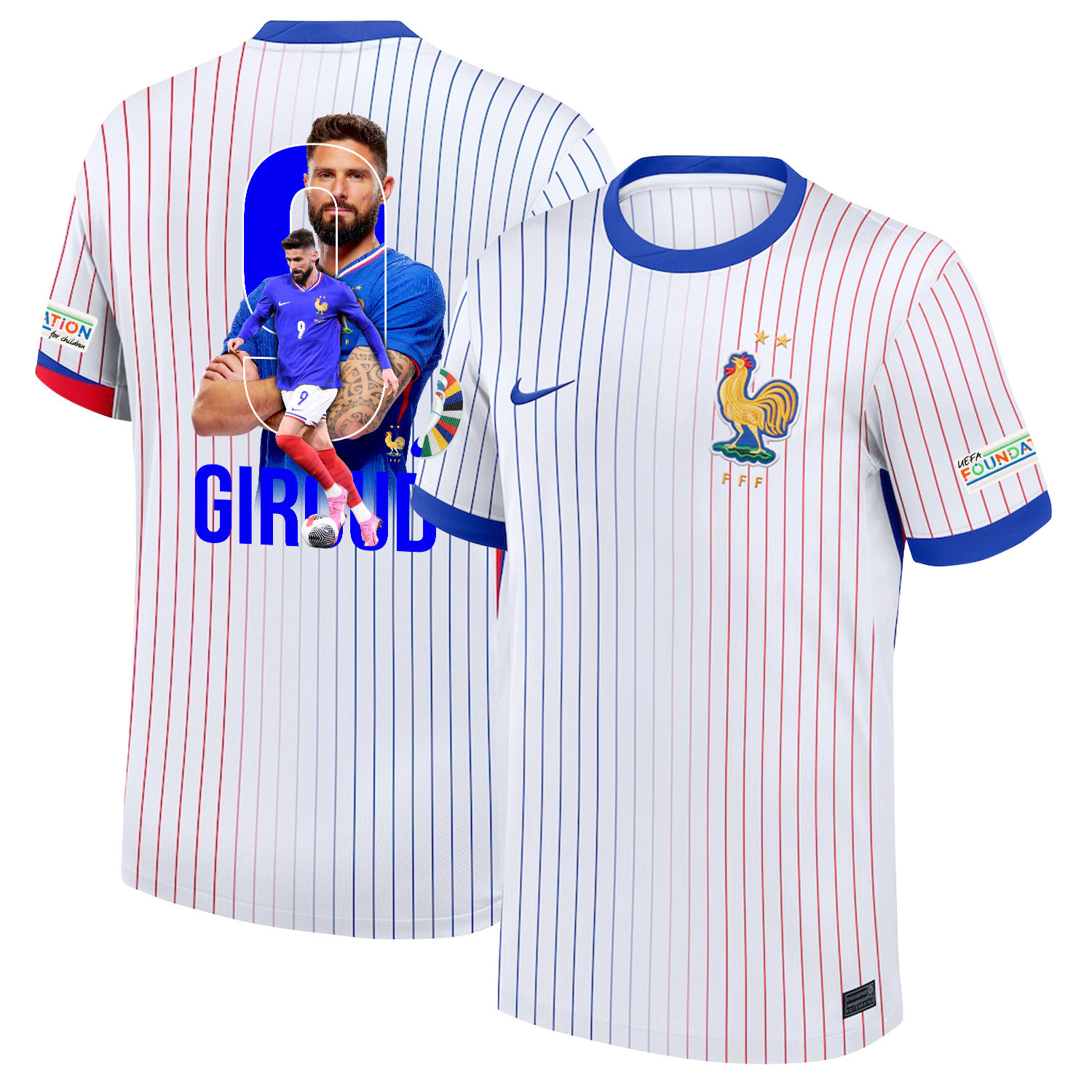 Olivier Giroud 9 The Key Player France National Team 2024/25 Away Jersey – Euro UEFA Patch – Men, White