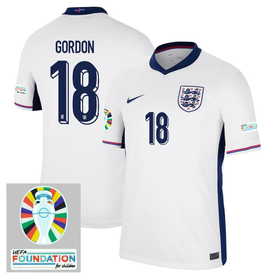 Anthony Gordon 18 England National Team 2024/25 Home Jersey – Euro UEFA Patch – Men, White