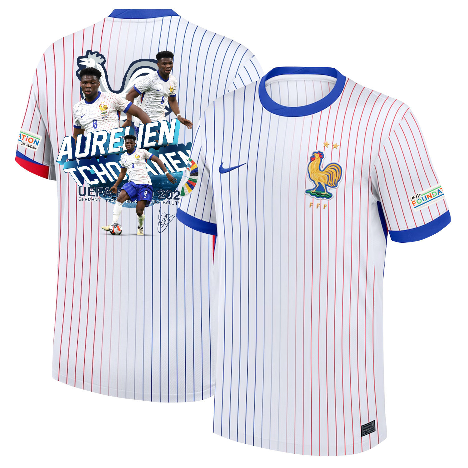 Aurlien Tchouamni 8 Star Player Of France National Team 2024/25 Away Jersey – Euro UEFA Patch – Men, White