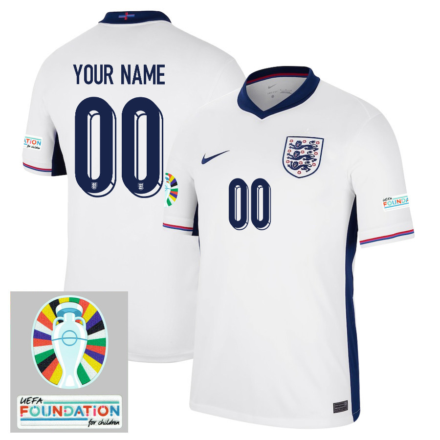 England National Team 2024/25 Home Jersey Customized – Euro UEFA Patch – Men, White