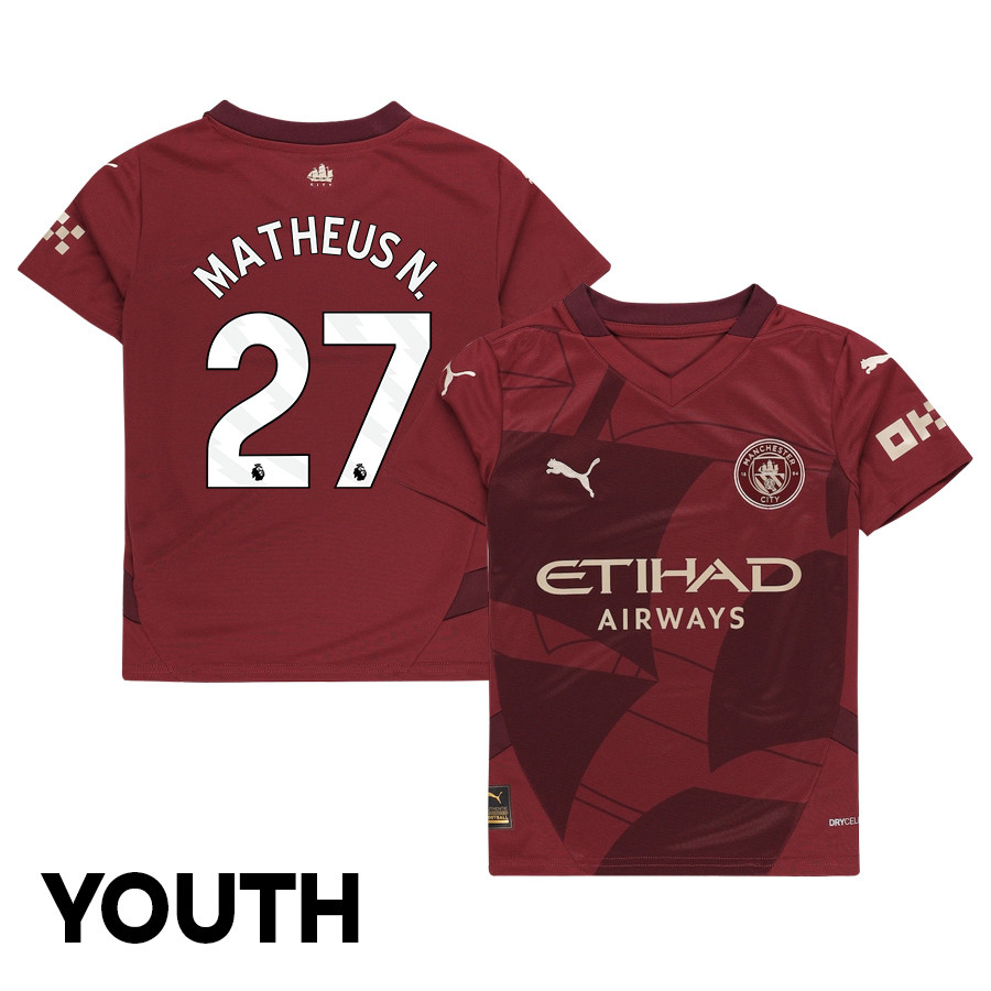 Matheus Nunes 27 Manchester City 2024/25 Third YOUTH Jersey – Burgundy