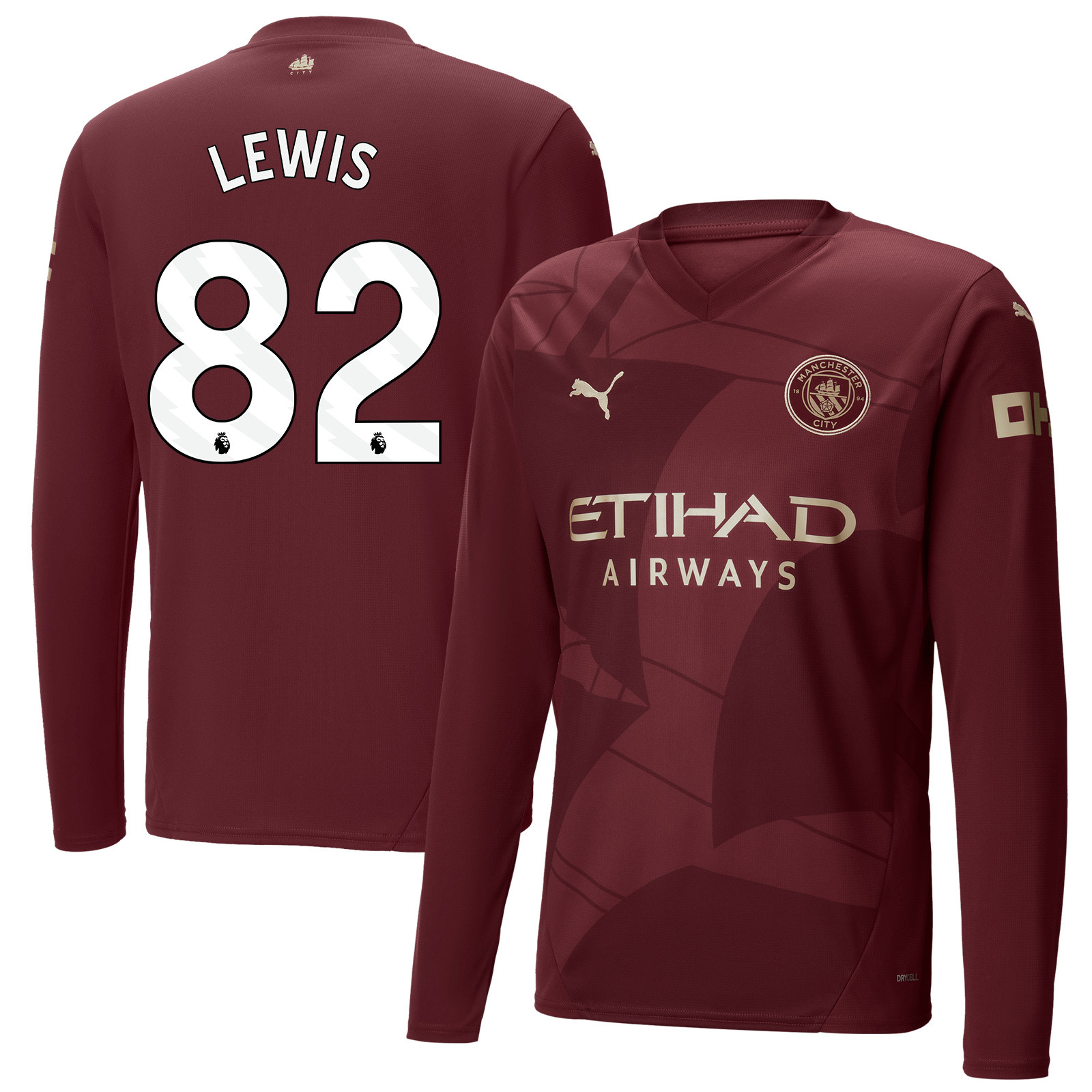 Rico Lewis 82 Manchester City 2024/25 Third Long Sleeve Men Jersey – Burgundy