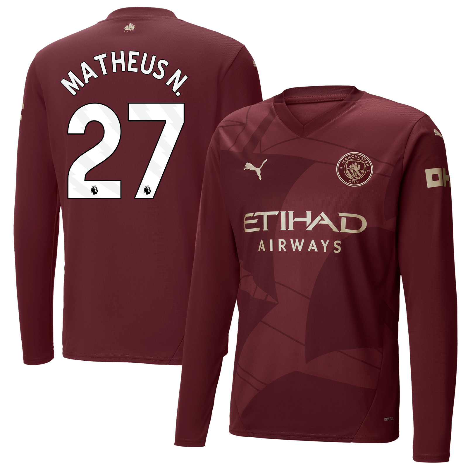 Matheus Nunes 27 Manchester City 2024/25 Third Long Sleeve Men Jersey – Burgundy