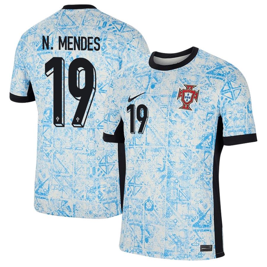 Nuno Mendes 19 Portugal National Team 2024/25 Away Men Jersey – Cream/Blue