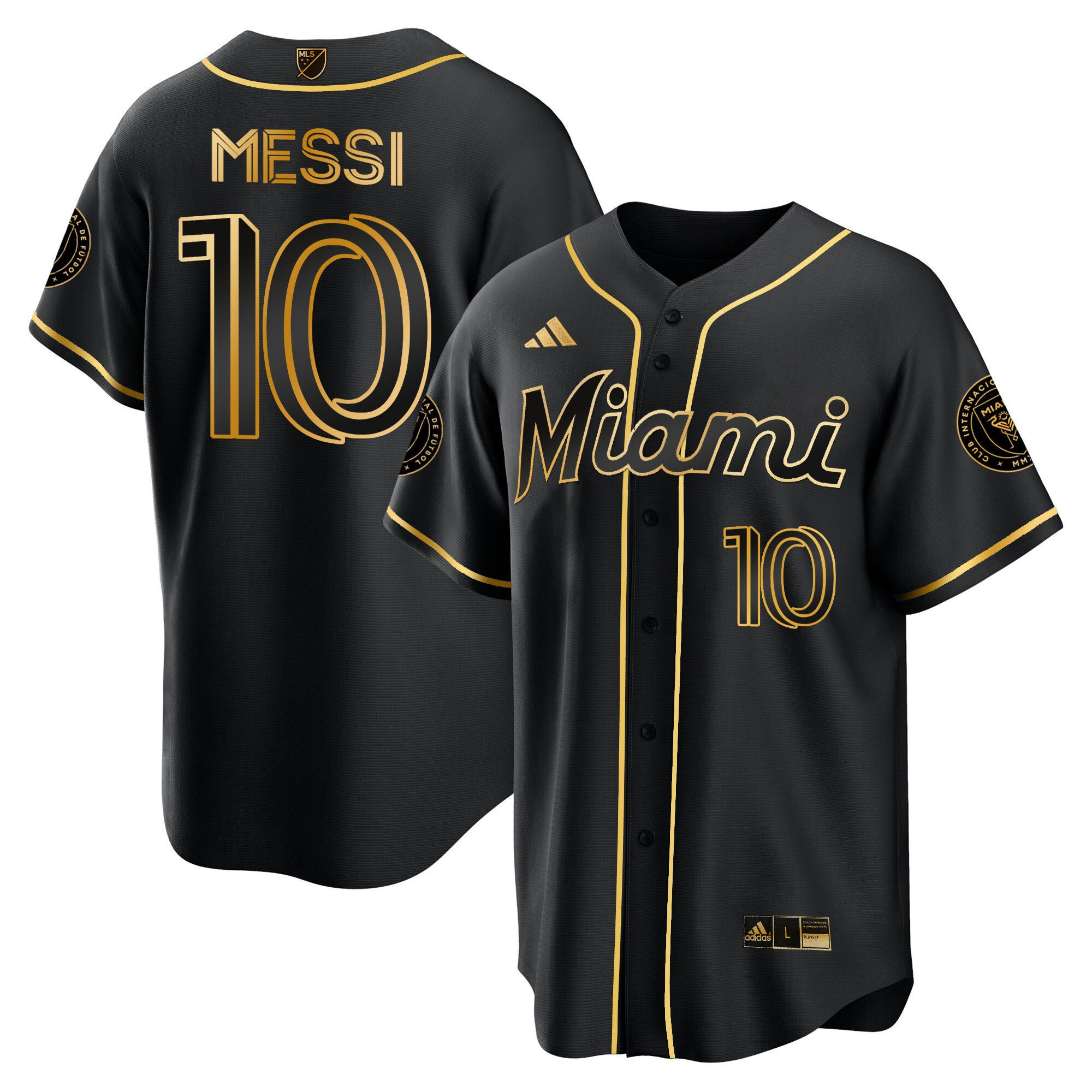 Lionel Messi Inter Miami Baseball Cool Base Gold Jersey – Stitched Men Jersey – Black