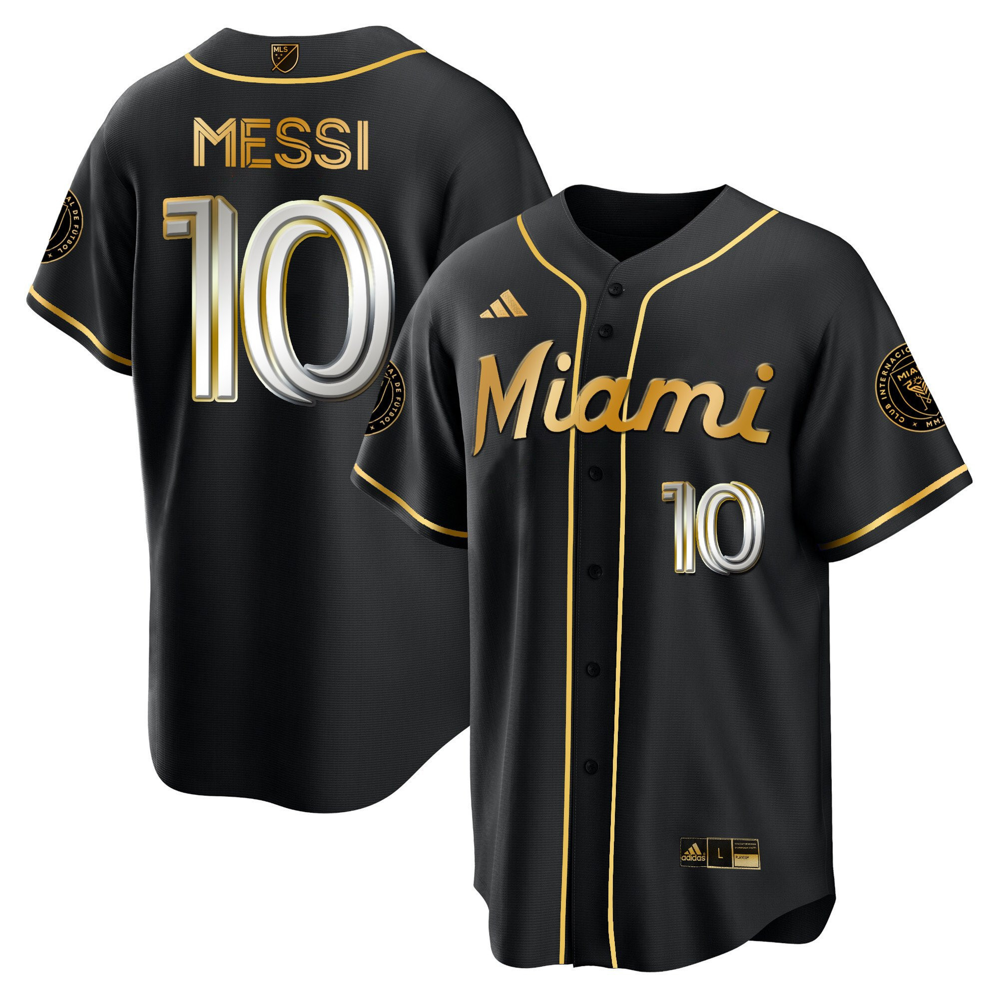 Lionel Messi Inter Miami Baseball Cool Base Gold Jersey – Stitched Men Jersey – Silver/ Black