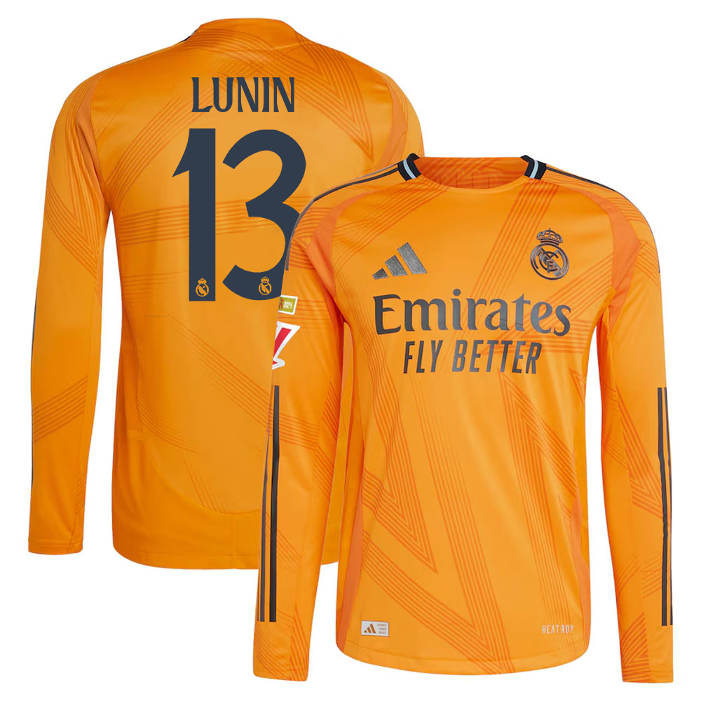 #13 Andriy Lunin Real Madrid 2024/25 Away Long Sleeve Player Jersey  Orange