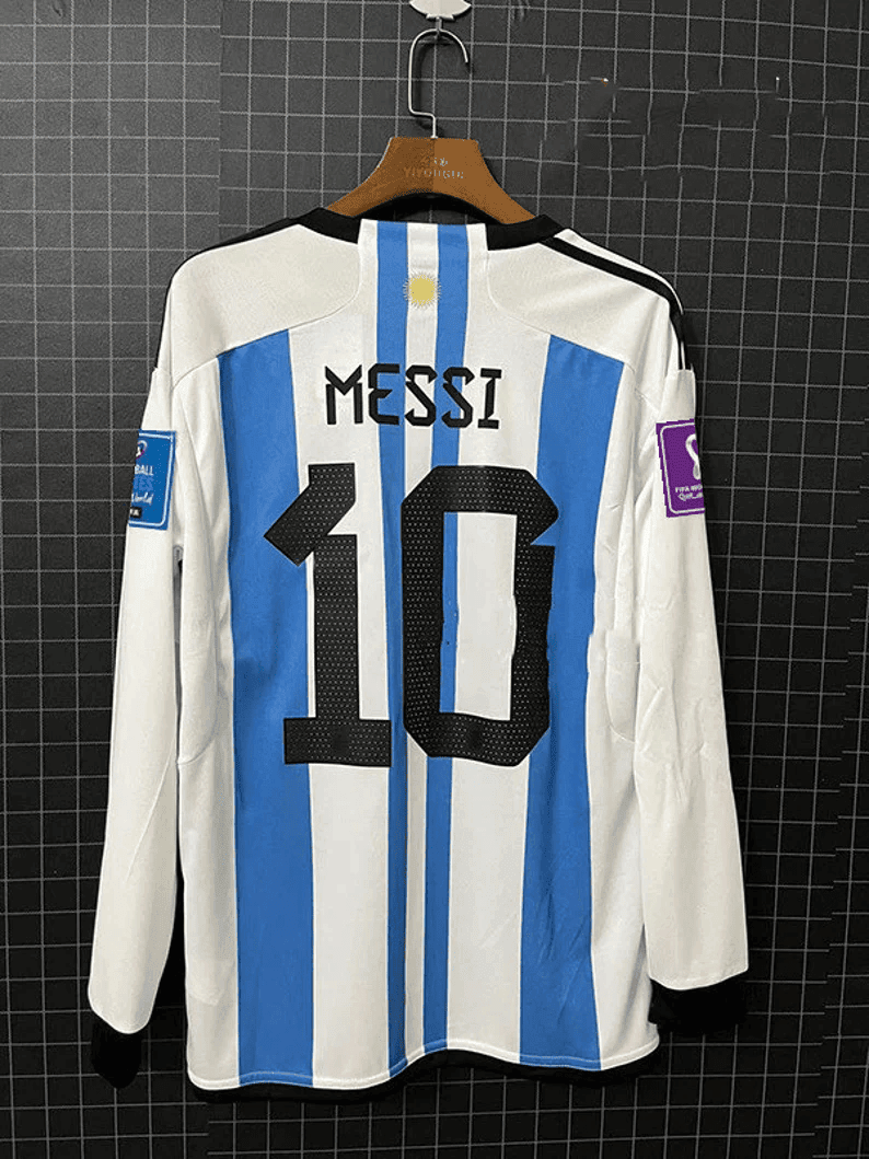 Lionel Messi 10 Argentina National Team World Cup 2022 Patch – Home Men Long Sleeve Jersey