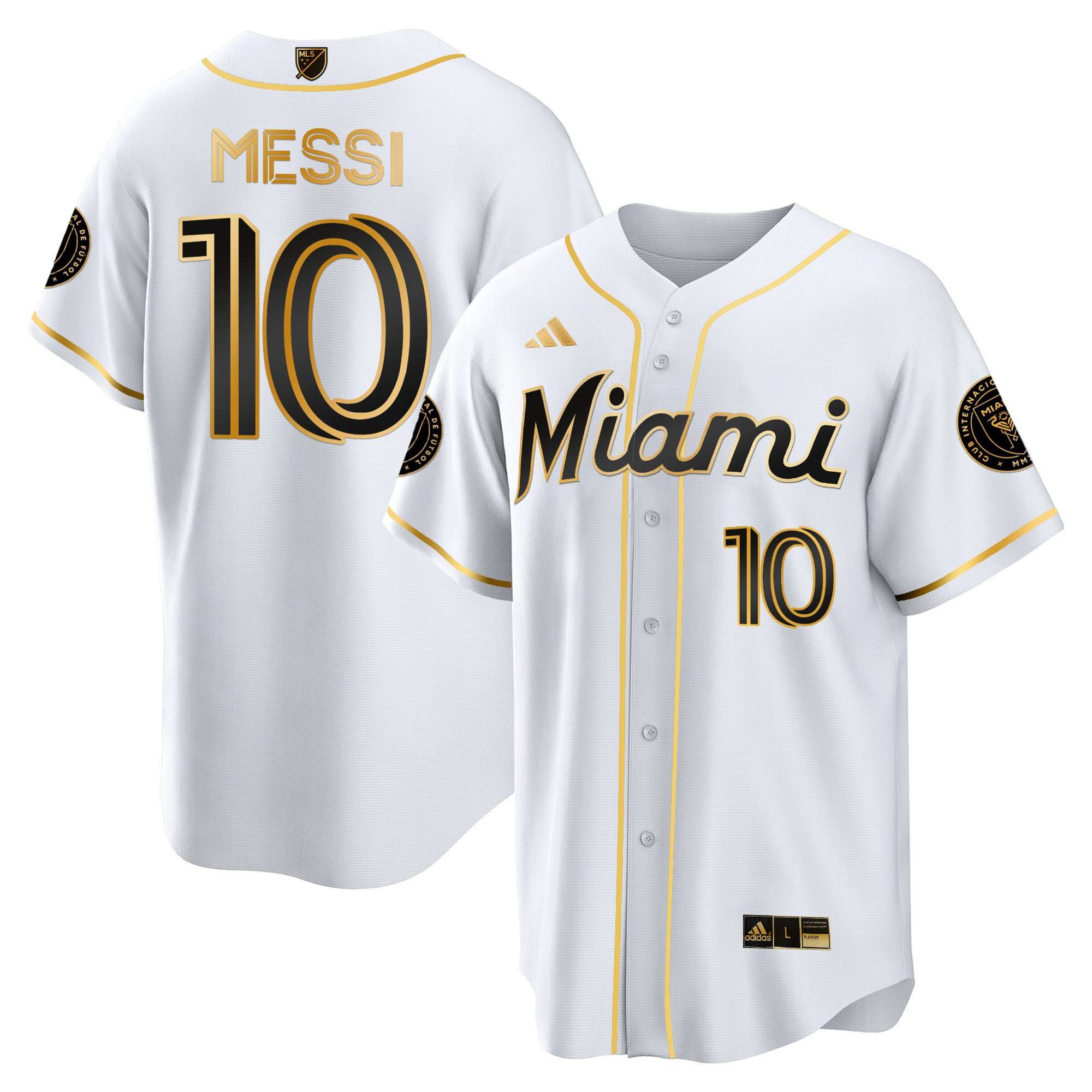 Lionel Messi Inter Miami Baseball Cool Base Gold Jersey – Stitched Men Jersey – White
