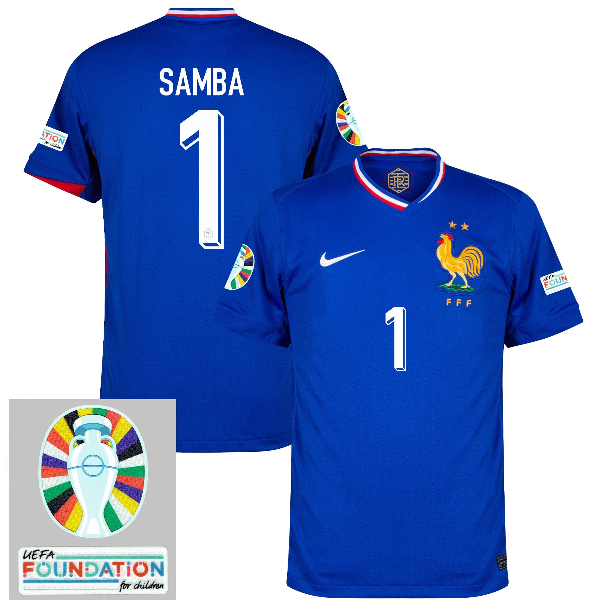 Brice Samba 1 France National Team 2024/25 Home Jersey – Euro UEFA Patch – Men, Blue