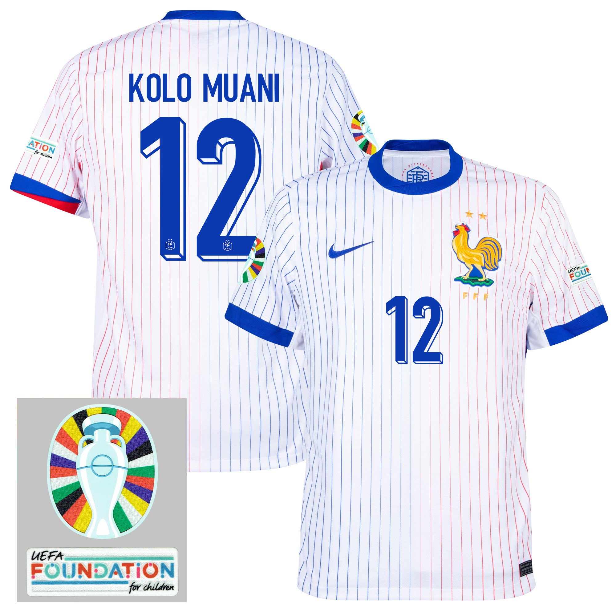 Randal Kolo Muani 12 France National Team 2024/25 Away Jersey – Euro UEFA Patch – Men, White