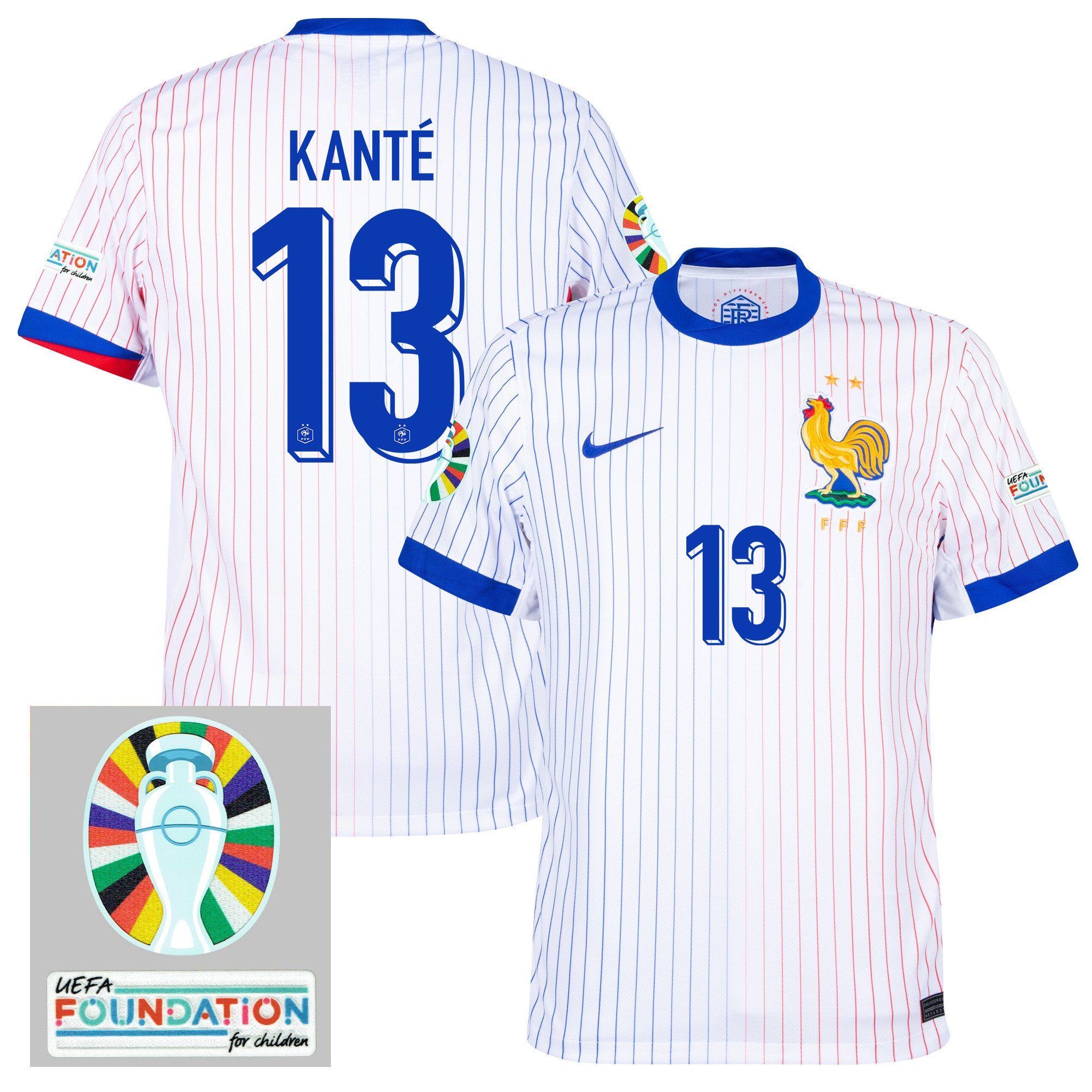 N'Golo Kant 13 France National Team 2024/25 Away Jersey – Euro UEFA Patch – Men, White