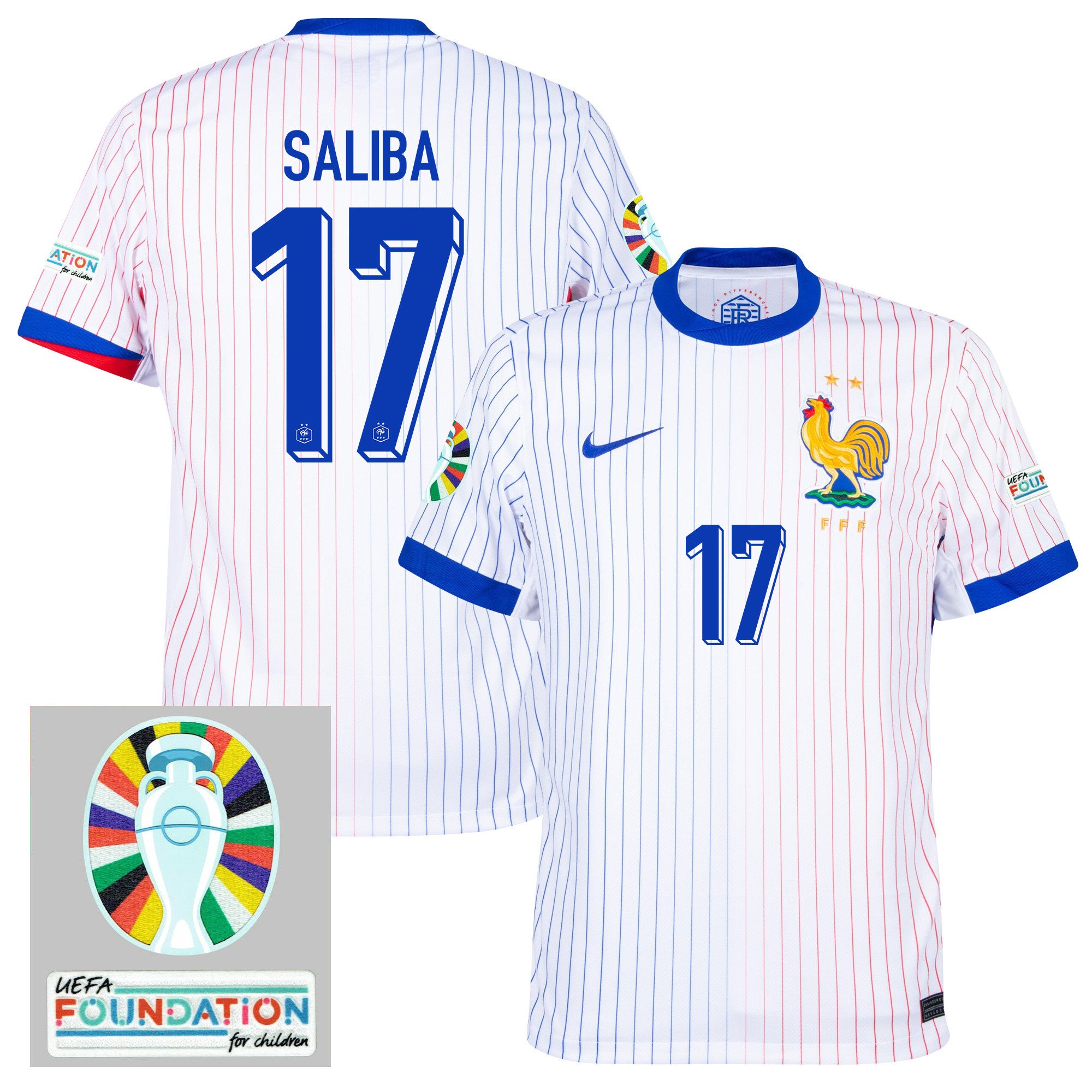William Saliba 17 France National Team 2024/25 Away Jersey – Euro UEFA Patch – Men, White