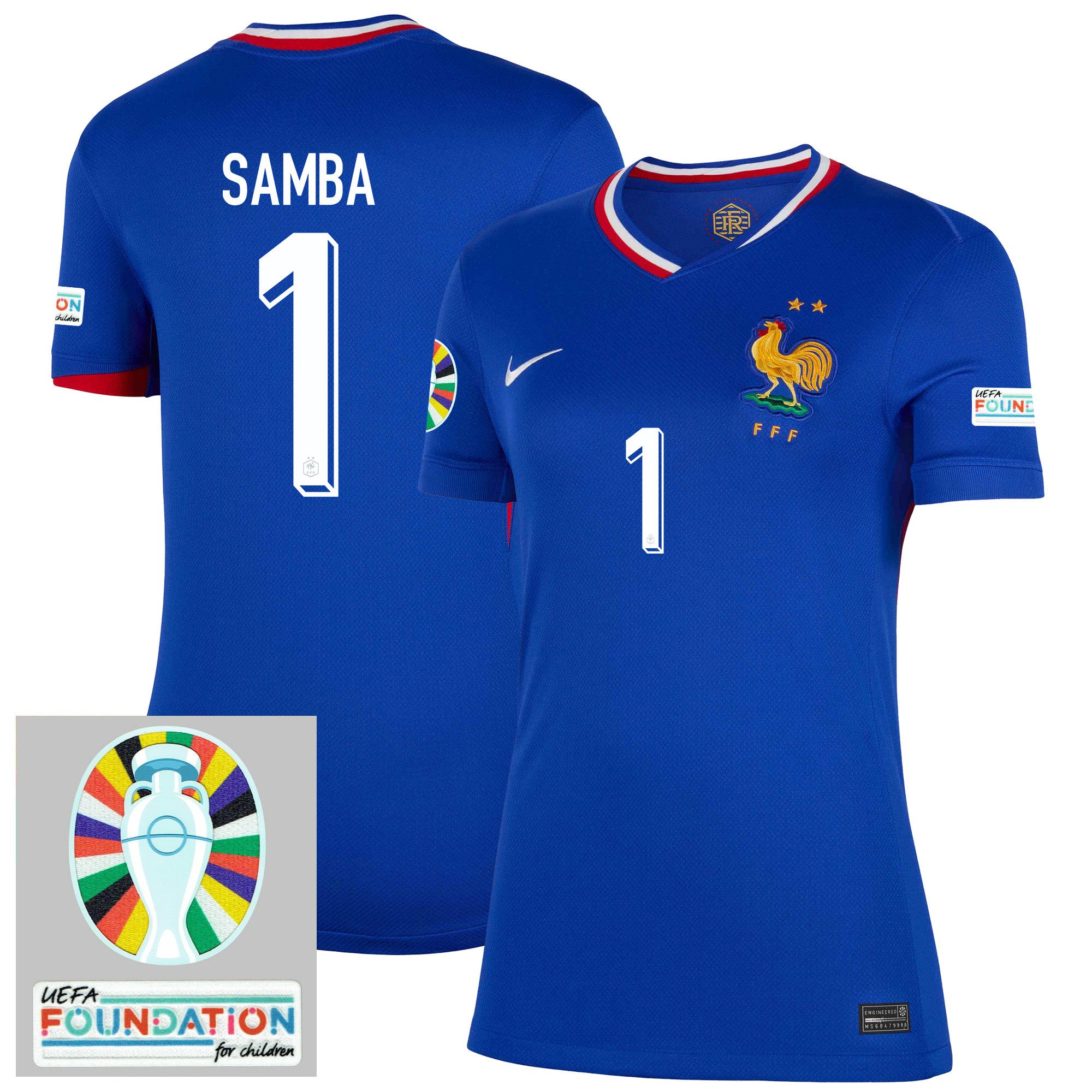 Brice Samba 1 France National Team 2024/25 Women's Home Jersey – Euro UEFA Patch – Blue