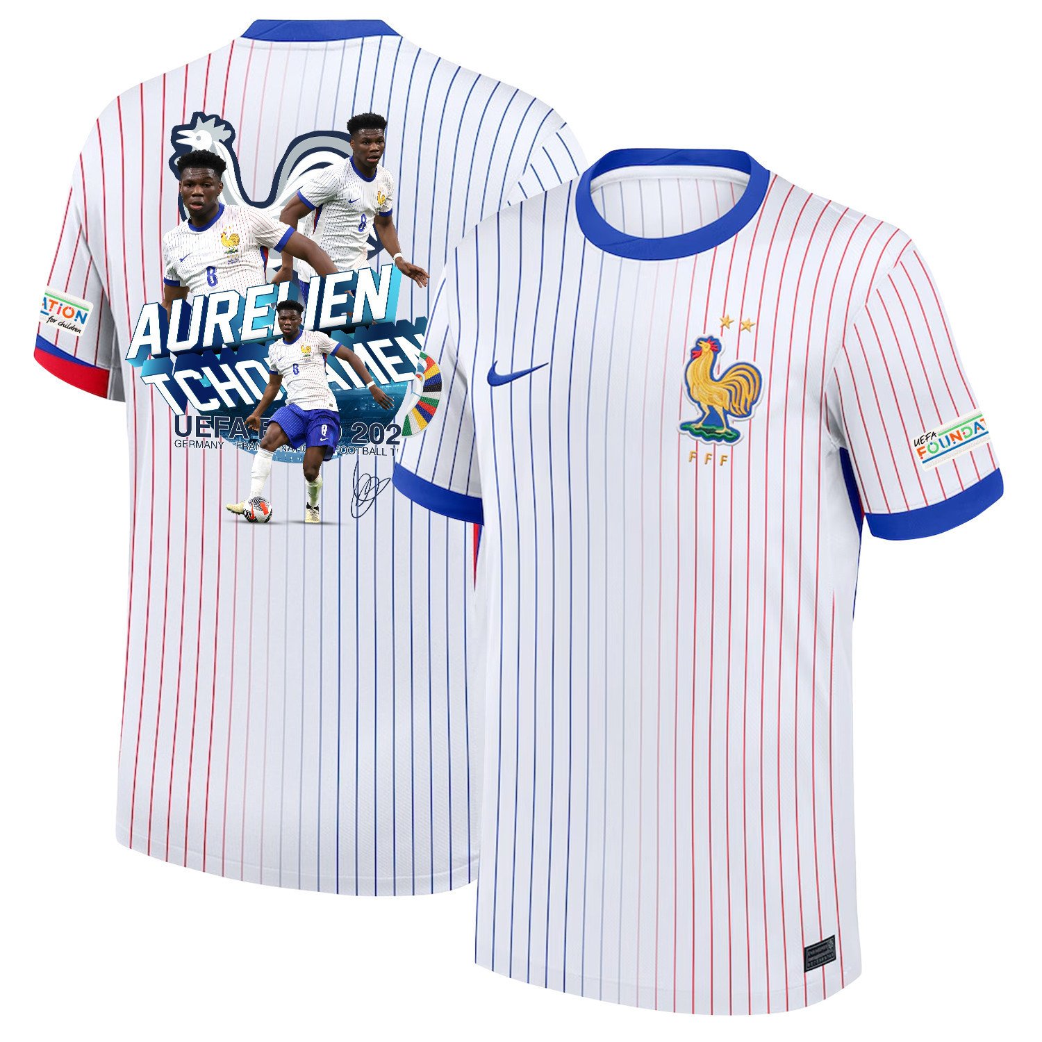 Aurlien Tchouamni 8 Star Player Of France National Team 2024/25 Away Jersey – Euro UEFA Patch – Men, White