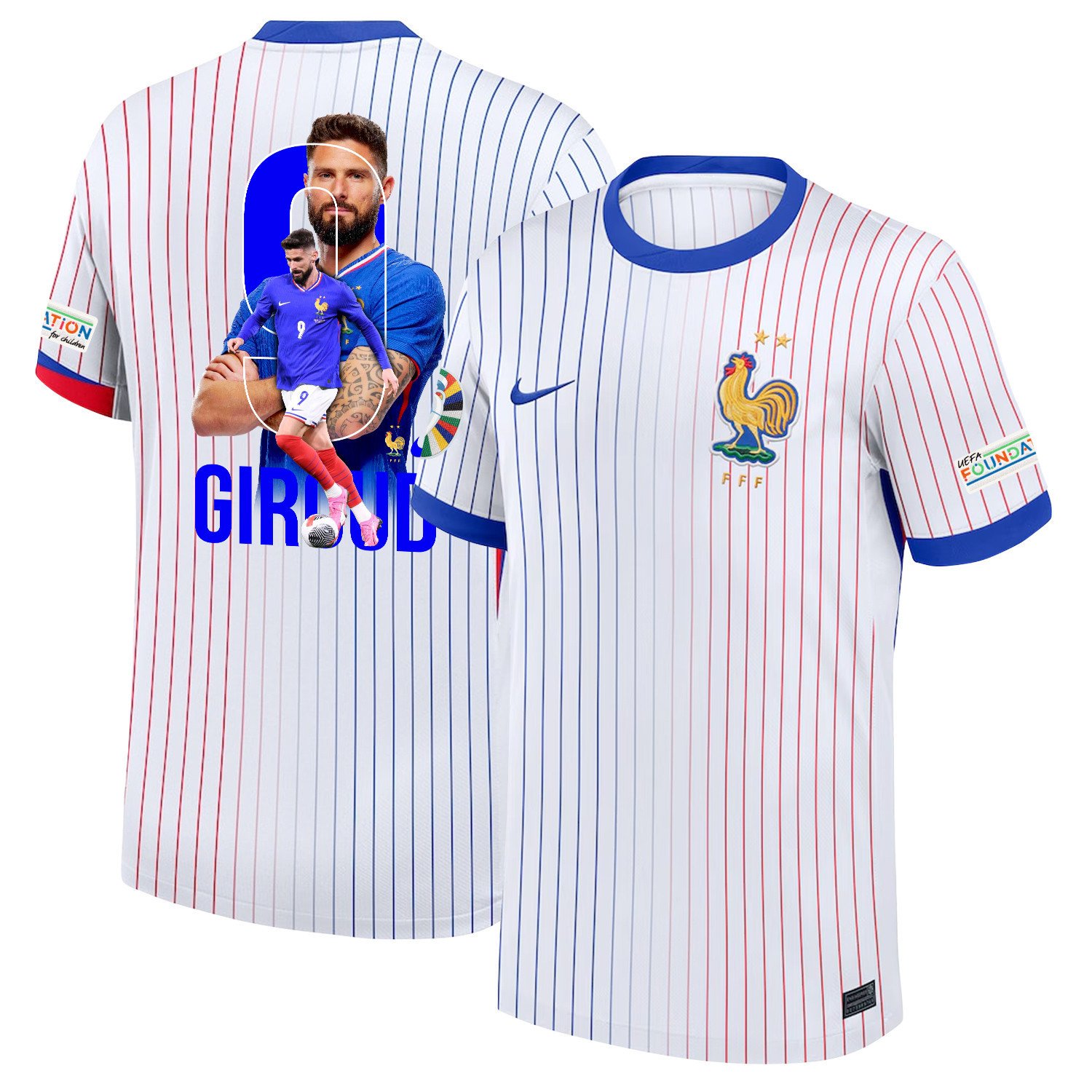 Olivier Giroud 9 The Key Player France National Team 2024/25 Away Jersey – Euro UEFA Patch – Men, White