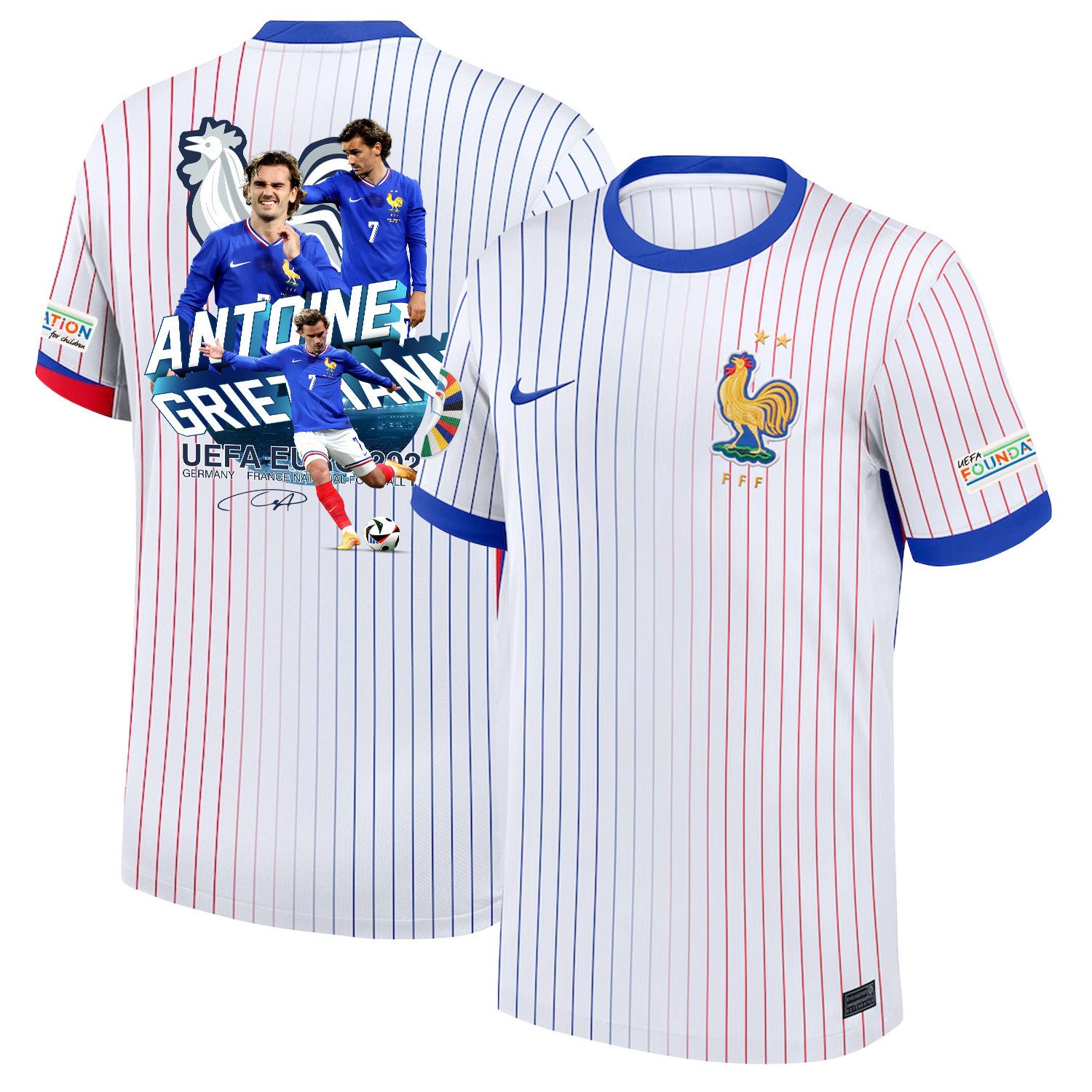 Antoine Griezmann 7 Star Player Of France National Team 2024/25 Away Jersey – Euro UEFA Patch – Men, White