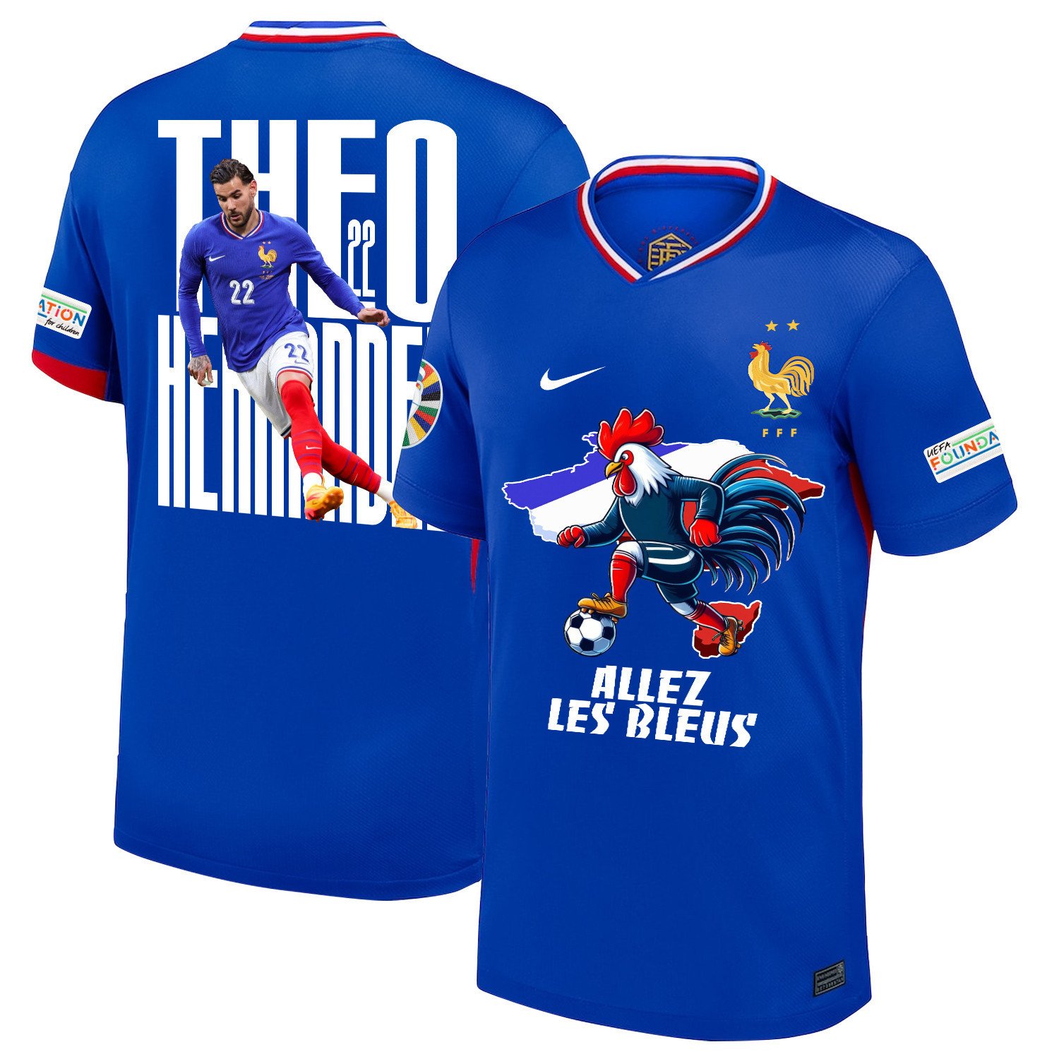 Theo Hernndez 22 Star Player Of France National Team 2024/25 Home Jersey – Euro UEFA Patch – Men, Blue