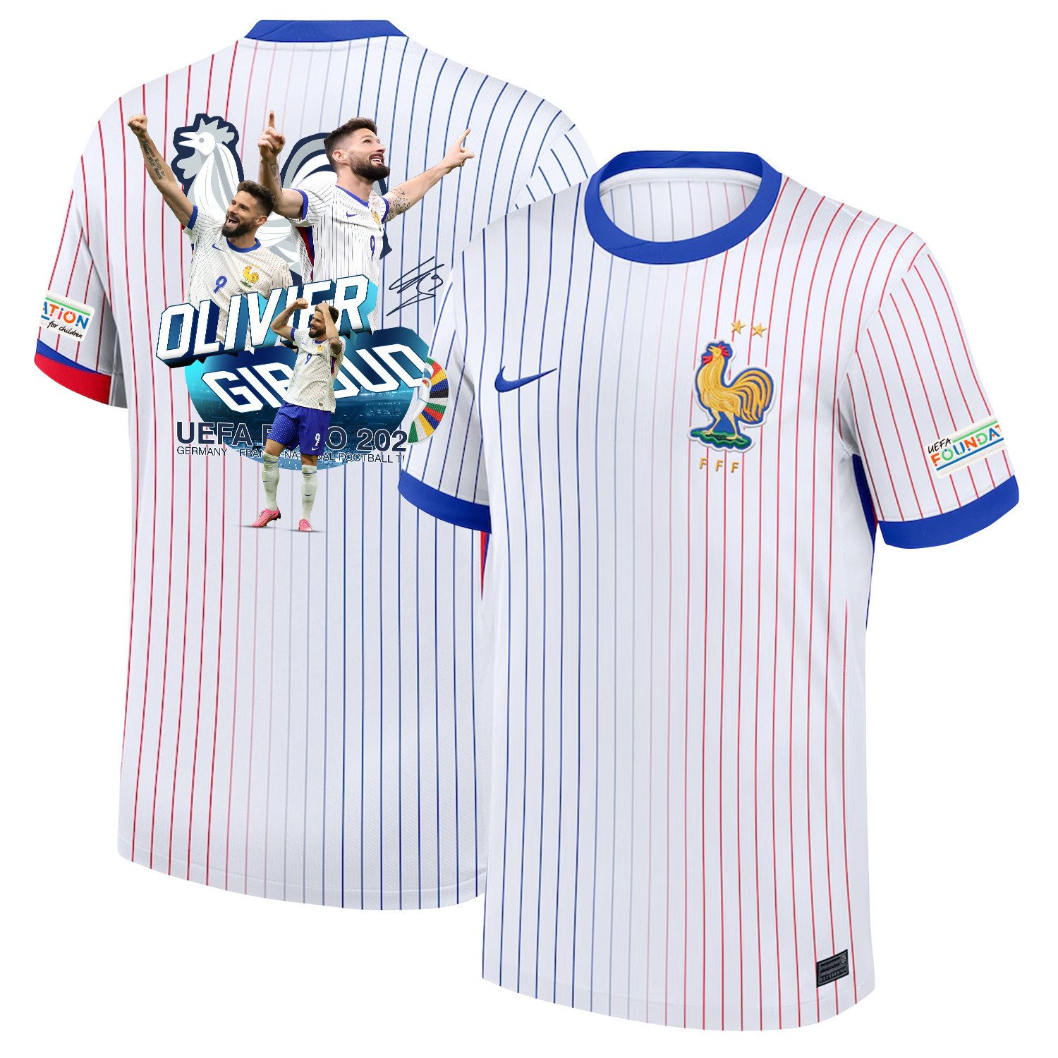 Olivier Giroud 9 Star Player Of France National Team 2024/25 Away Jersey – Euro UEFA Patch – Men, White