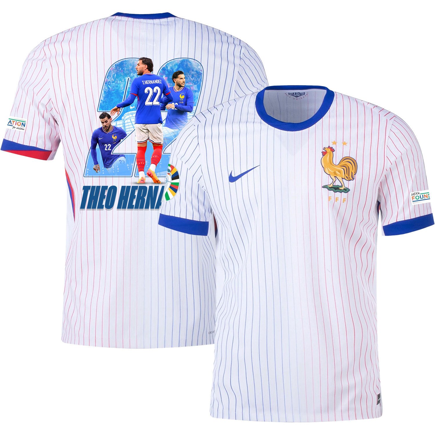 Theo Hernndez 22 Skillful Player France National Team 2024/25 Away Jersey – Euro UEFA Patch – Men, White