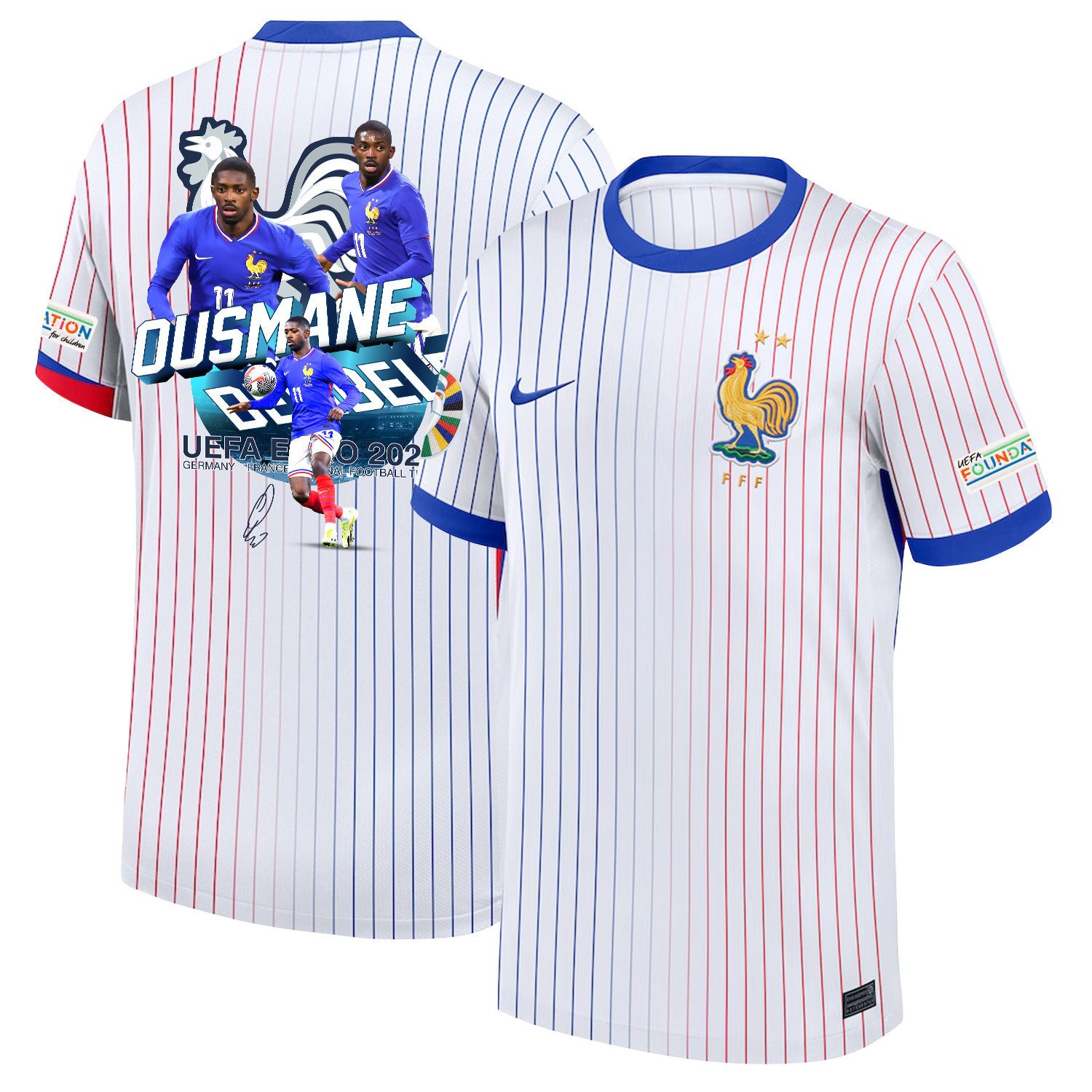 Ousmane Dembl 11 Star Player Of France National Team 2024/25 Away Jersey – Euro UEFA Patch – Men, White