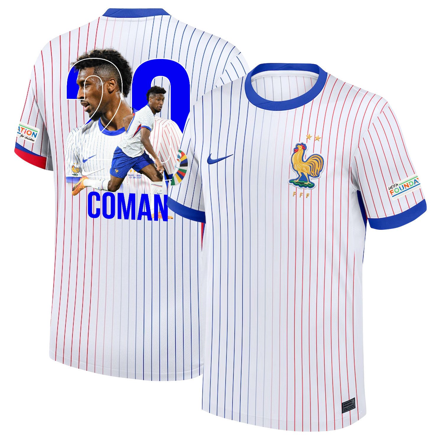 Kingsley Coman 20 Star Player Of France National Team 2024/25 Away Jersey – Euro UEFA Patch – Men, White