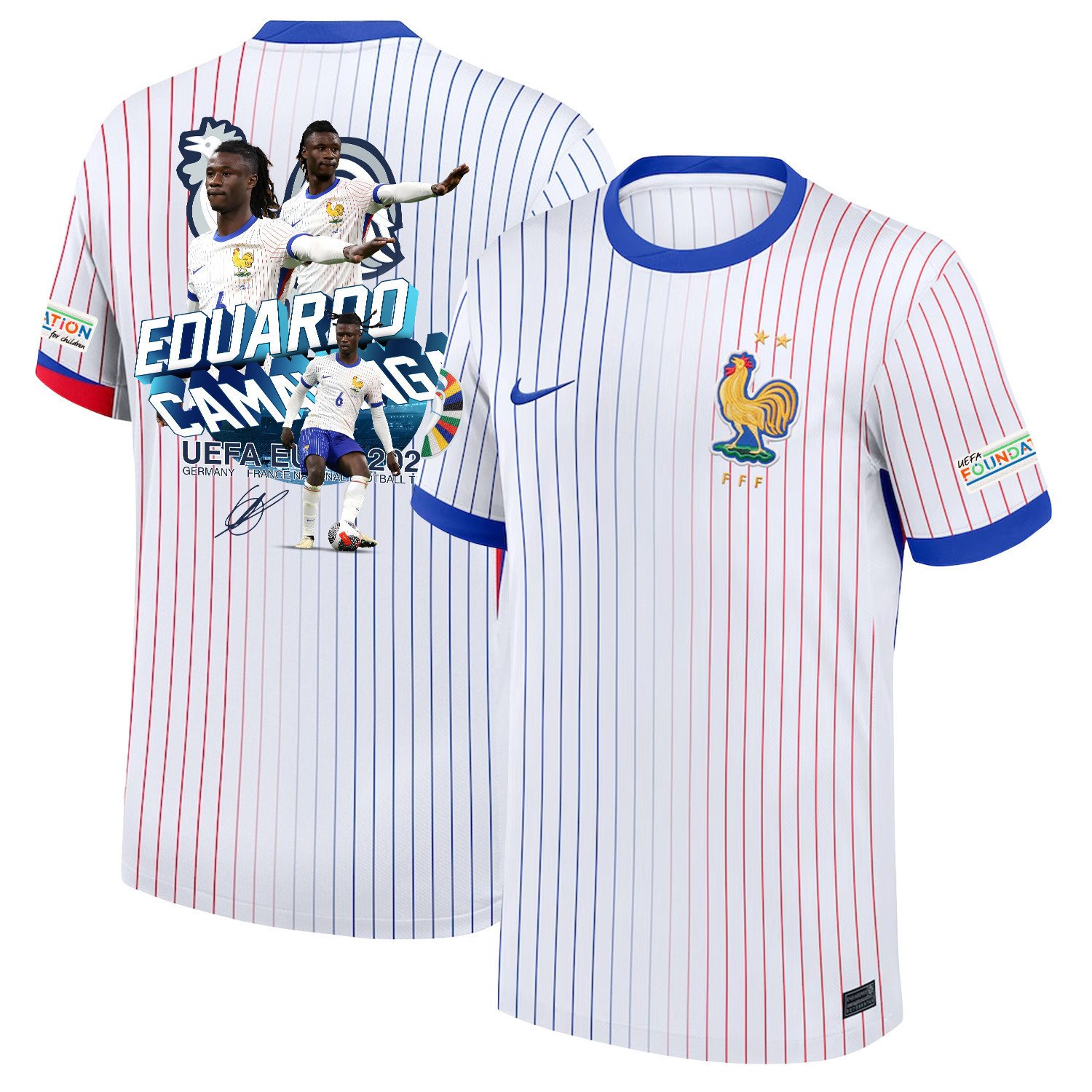 Eduardo Camavinga 6 Star Player Of France National Team 2024/25 Away Jersey – Euro UEFA Patch – Men, White