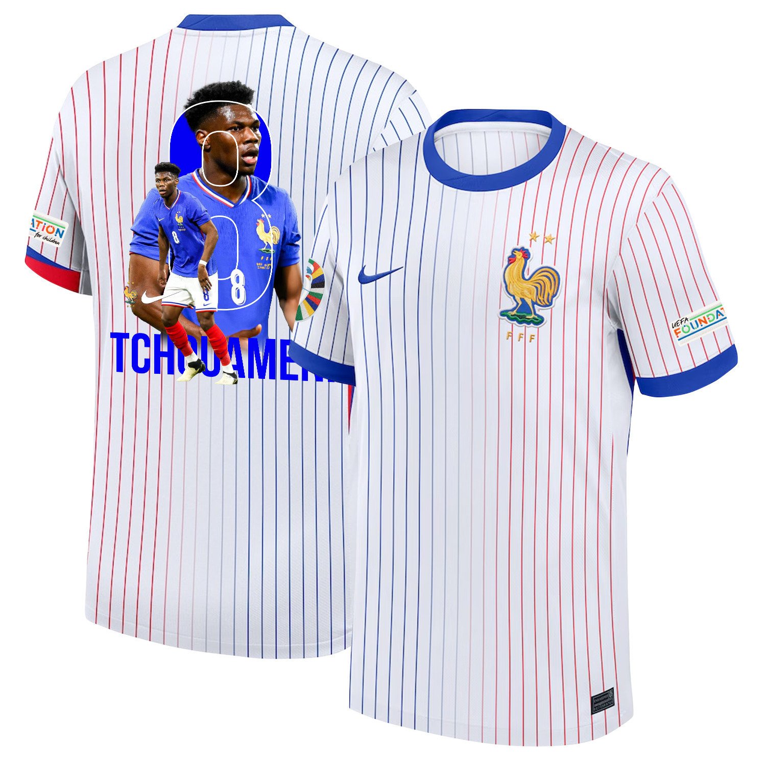 Aurlien Tchouamni 8 Legendary Footballer France National Team 2024/25 Away Jersey – Euro UEFA Patch – Men, White