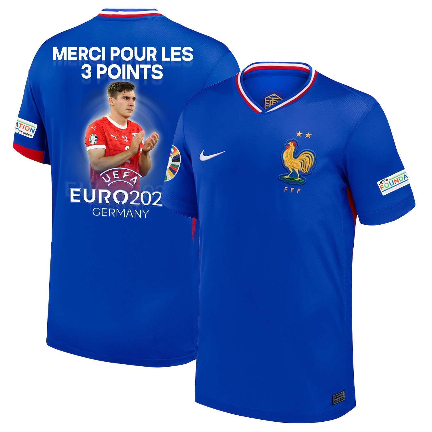 Maximillian Wober 2 Star Player Of France National Team 2024/25 Home Jersey – Euro UEFA Patch – Men, Blue