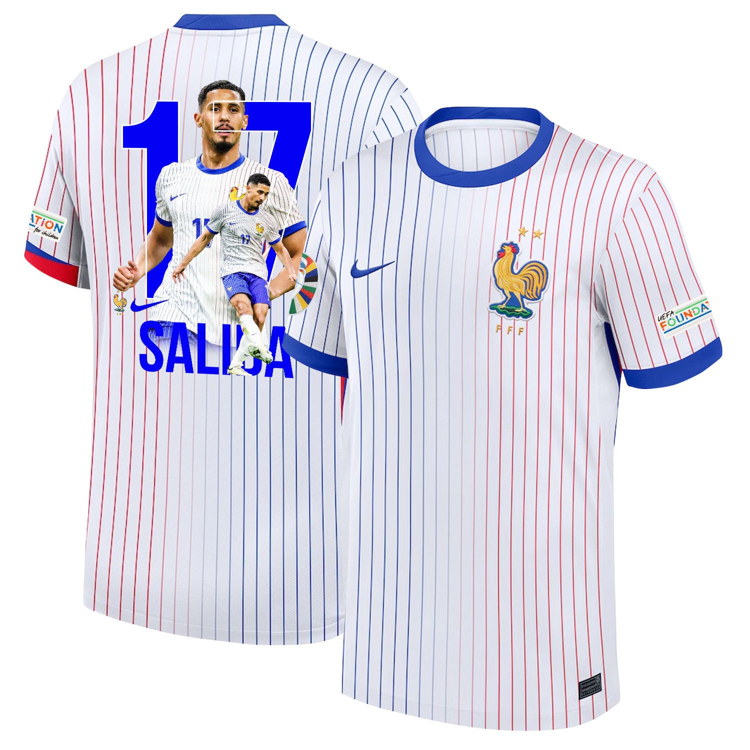 William Saliba 17 Star Player Of France National Team 2024/25 Away Jersey – Euro UEFA Patch – Men, White
