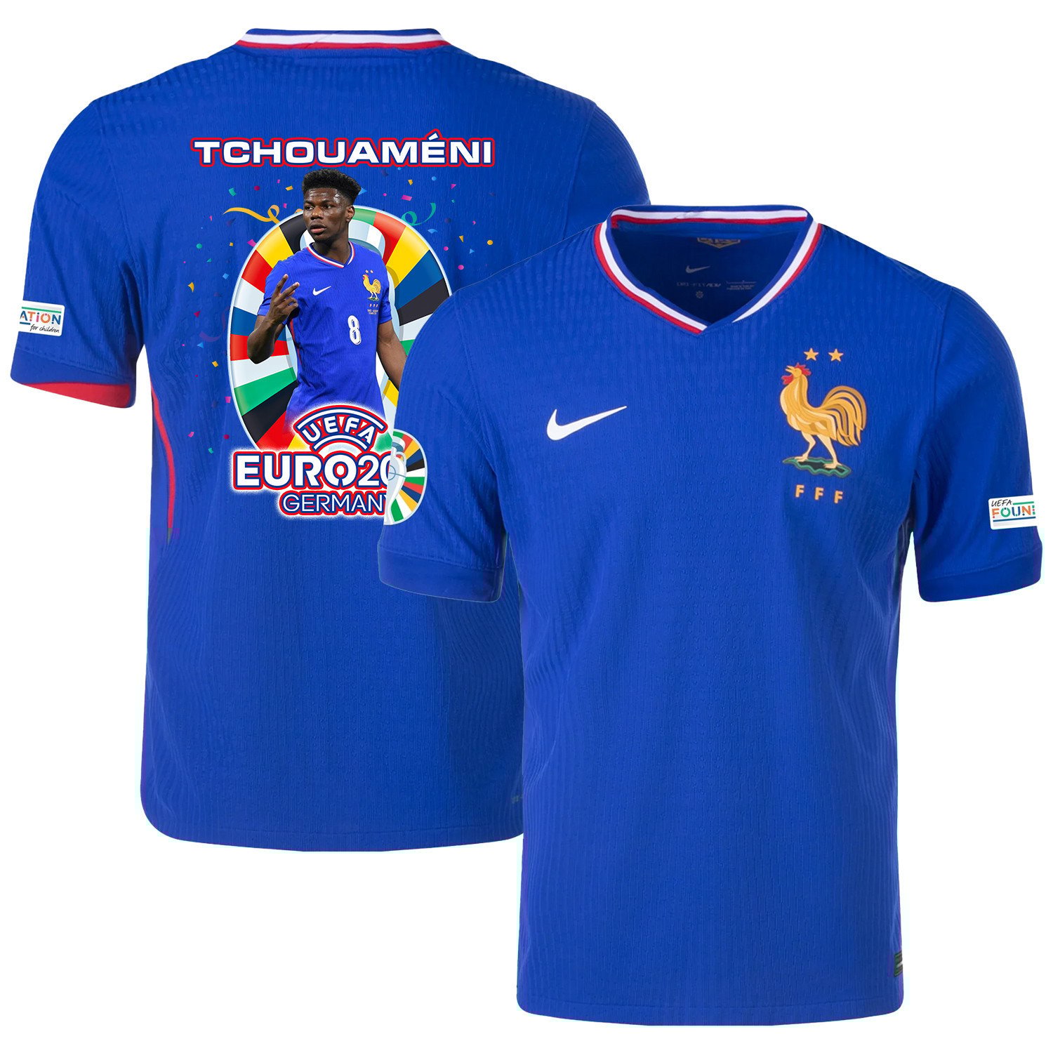 Aurlien Tchouamni 8 Football Icon Of France National Team 2024/25 Home Jersey – Euro UEFA Patch – Men, Blue