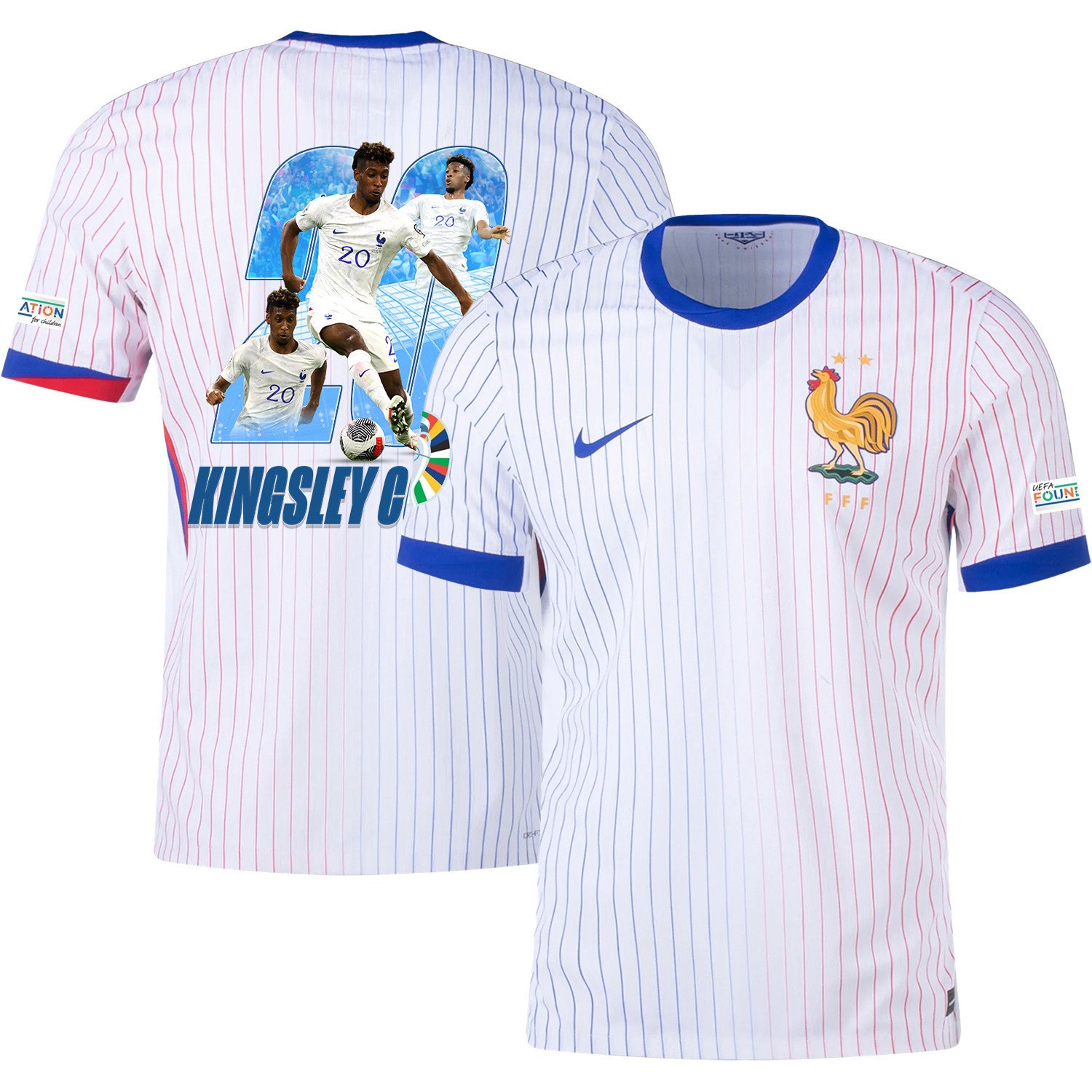 Kingsley Coman 20 Skillful Player France National Team 2024/25 Away Jersey – Euro UEFA Patch – Men, White