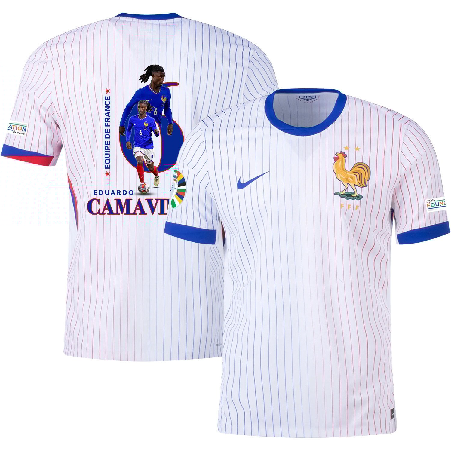 Eduardo Camavinga 6 The Star Player Of France National Team 2024/25 Away Jersey – Euro UEFA Patch – Men, White