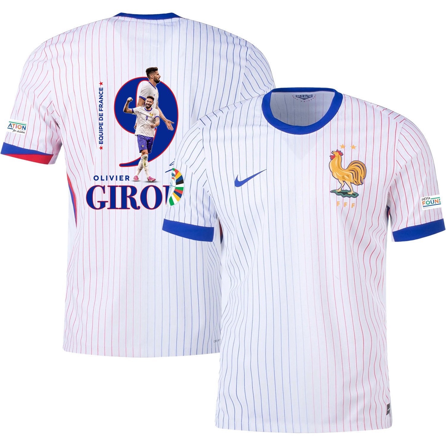 Olivier Giroud 9 The Star Player Of France National Team 2024/25 Away Jersey – Euro UEFA Patch – Men, White