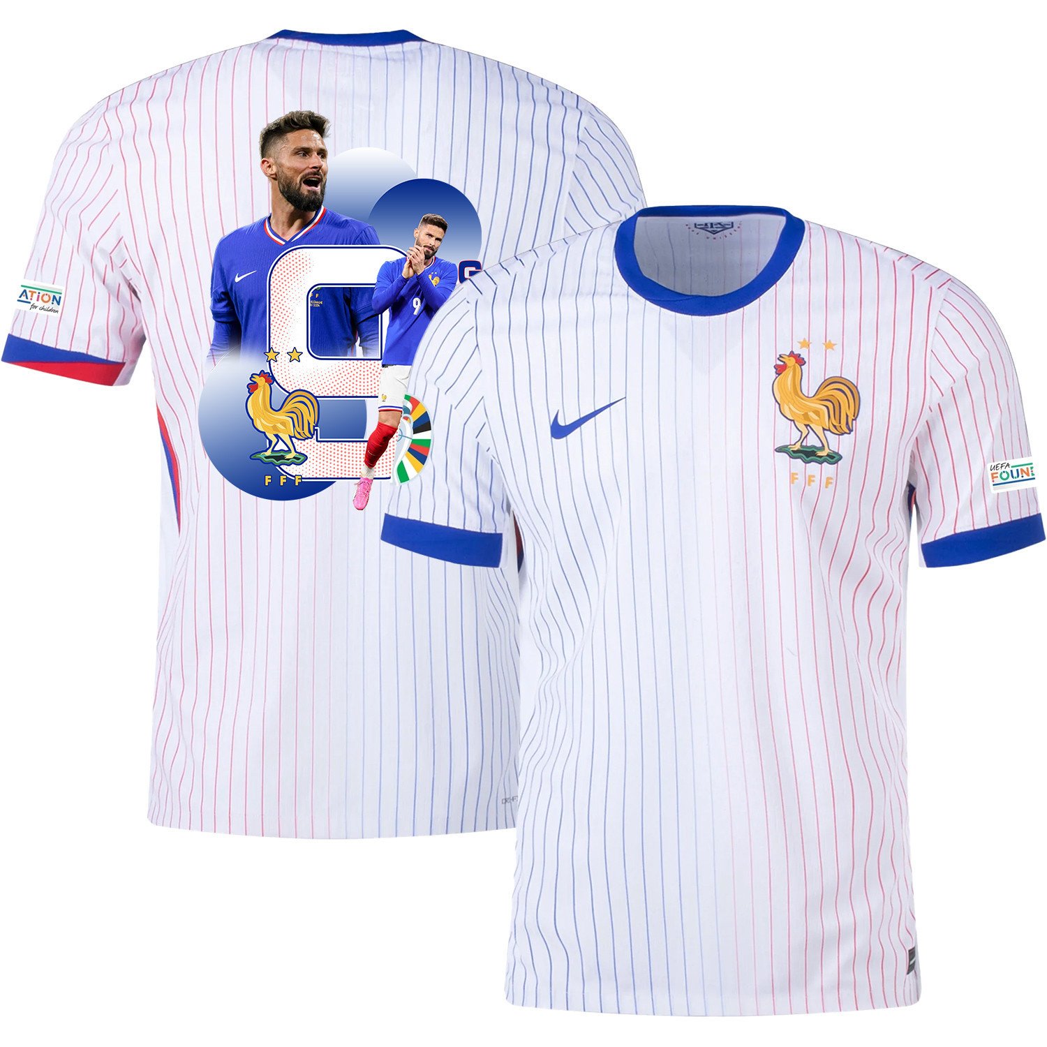 Olivier Giroud 9 The Talented Player France National Team 2024/25 Away Jersey – Euro UEFA Patch – Men, White