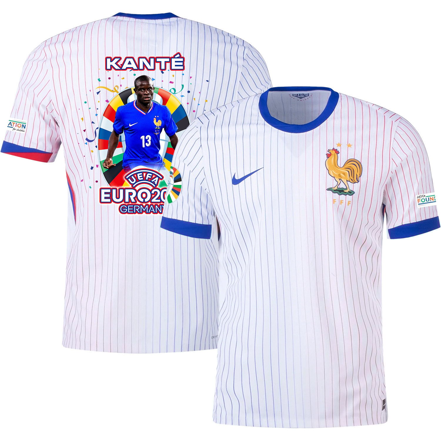 NGolo Kant 13 Football Icon Of France National Team 2024/25 Away Jersey – Euro UEFA Patch – Men, White