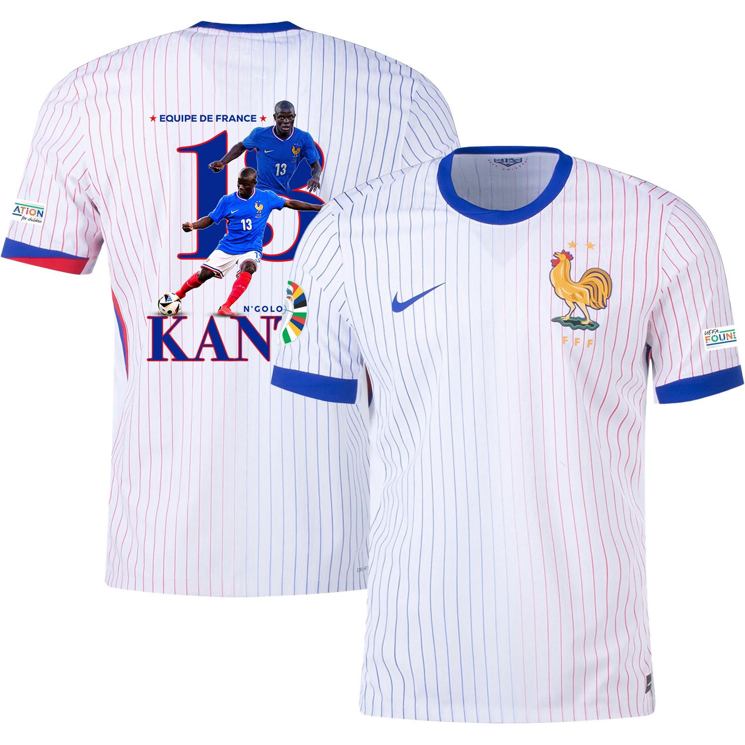 N'Golo Kant 13 The Star Player Of France National Team 2024/25 Away Jersey – Euro UEFA Patch – Men, White